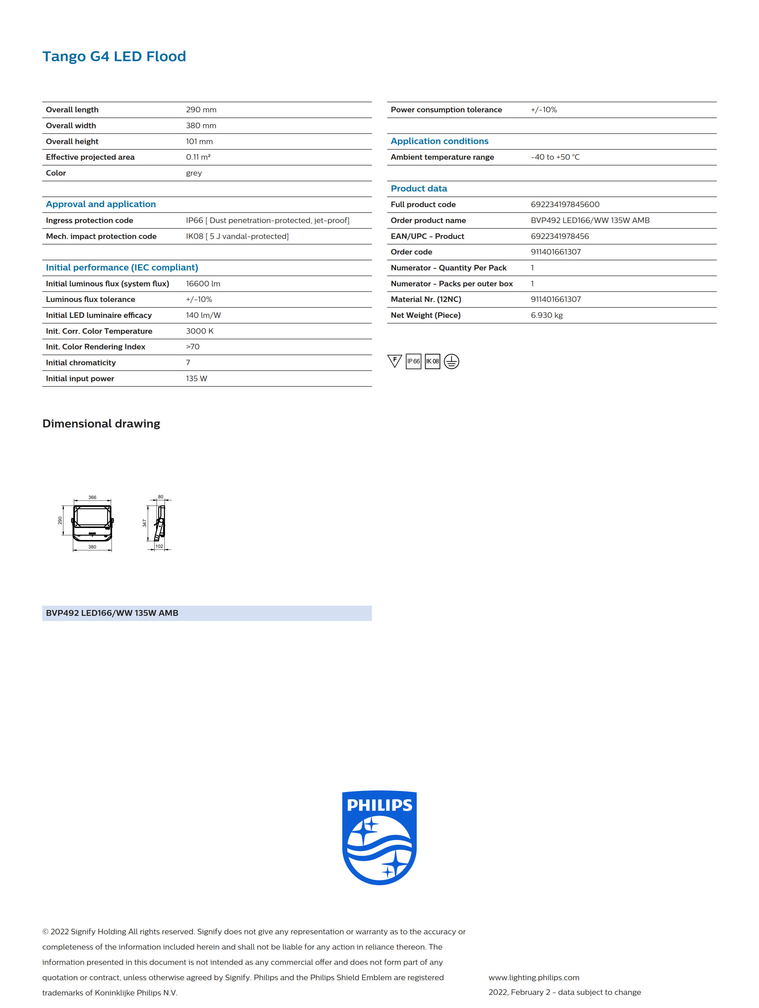 PHILIPS BVP492 LED166/WW 135W AMB 911401661307