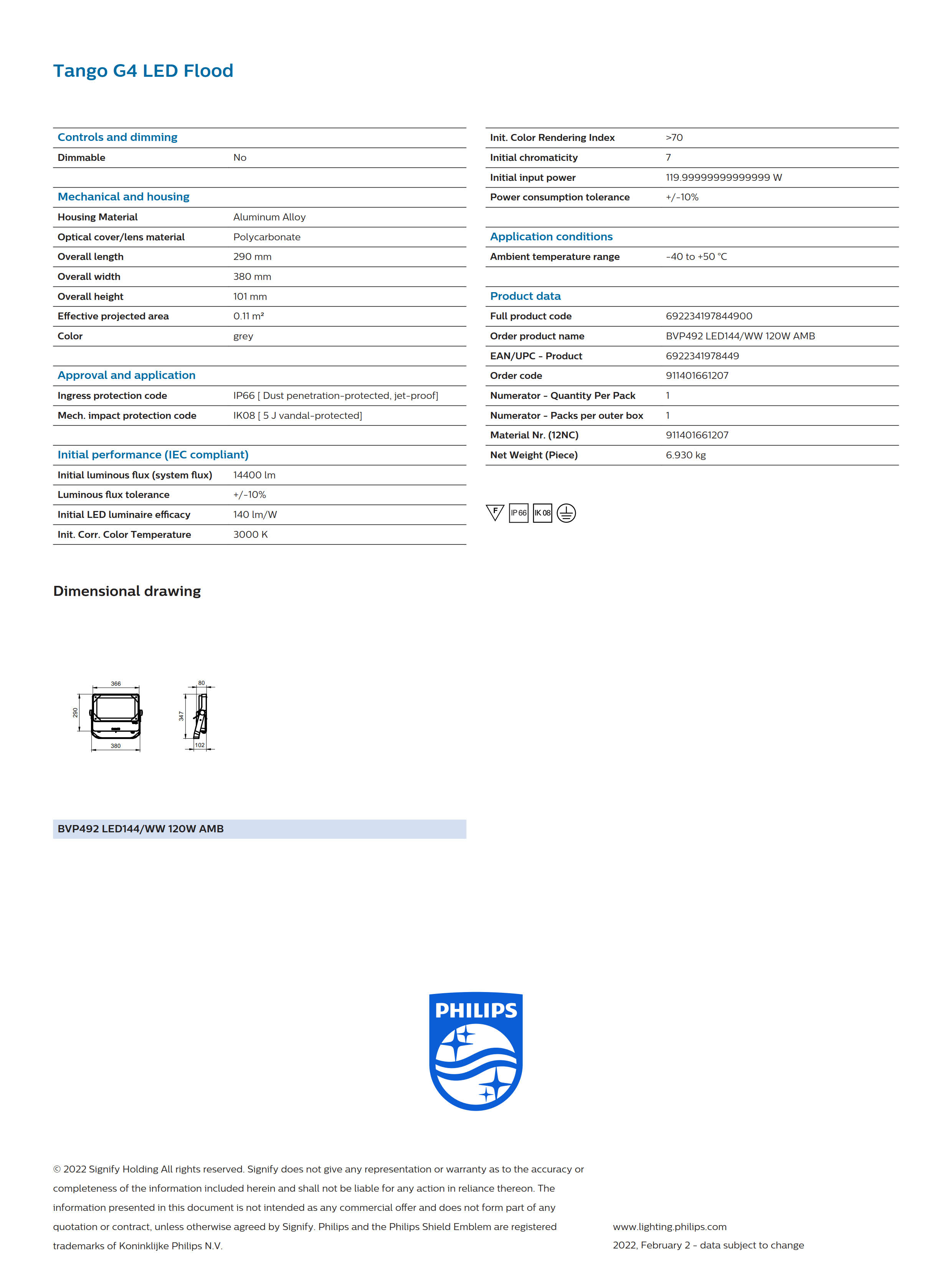 PHILIPS BVP492 LED144/WW 120W AMB 911401661207