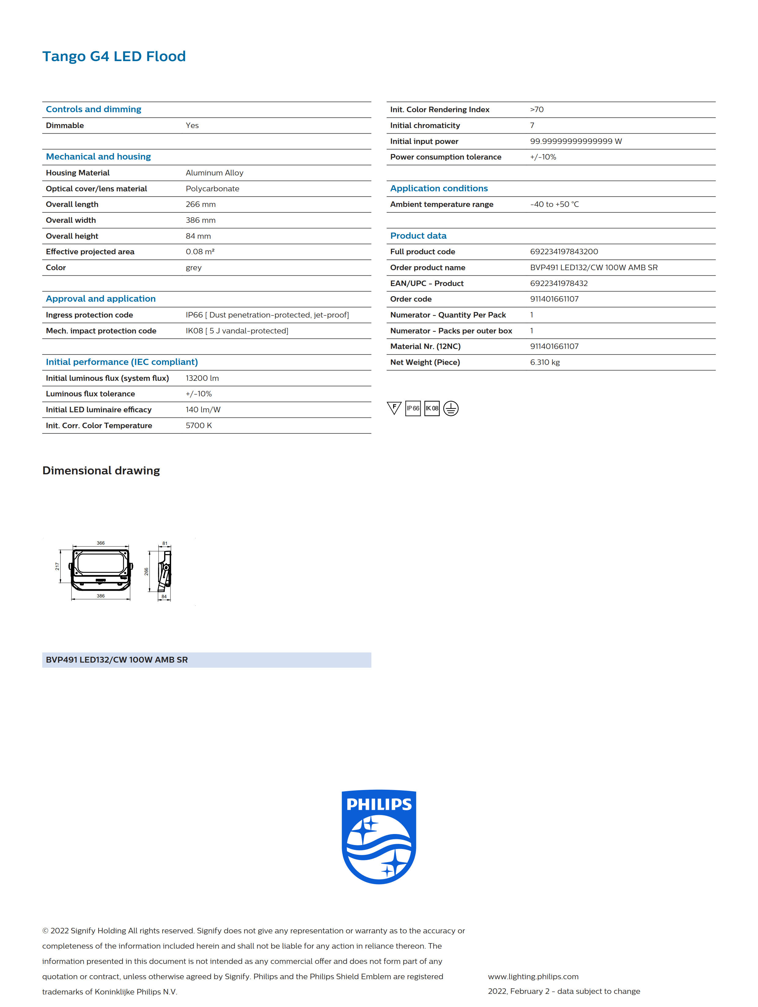 PHILIPS BVP491 LED132/CW 100W AMB SR 911401661107