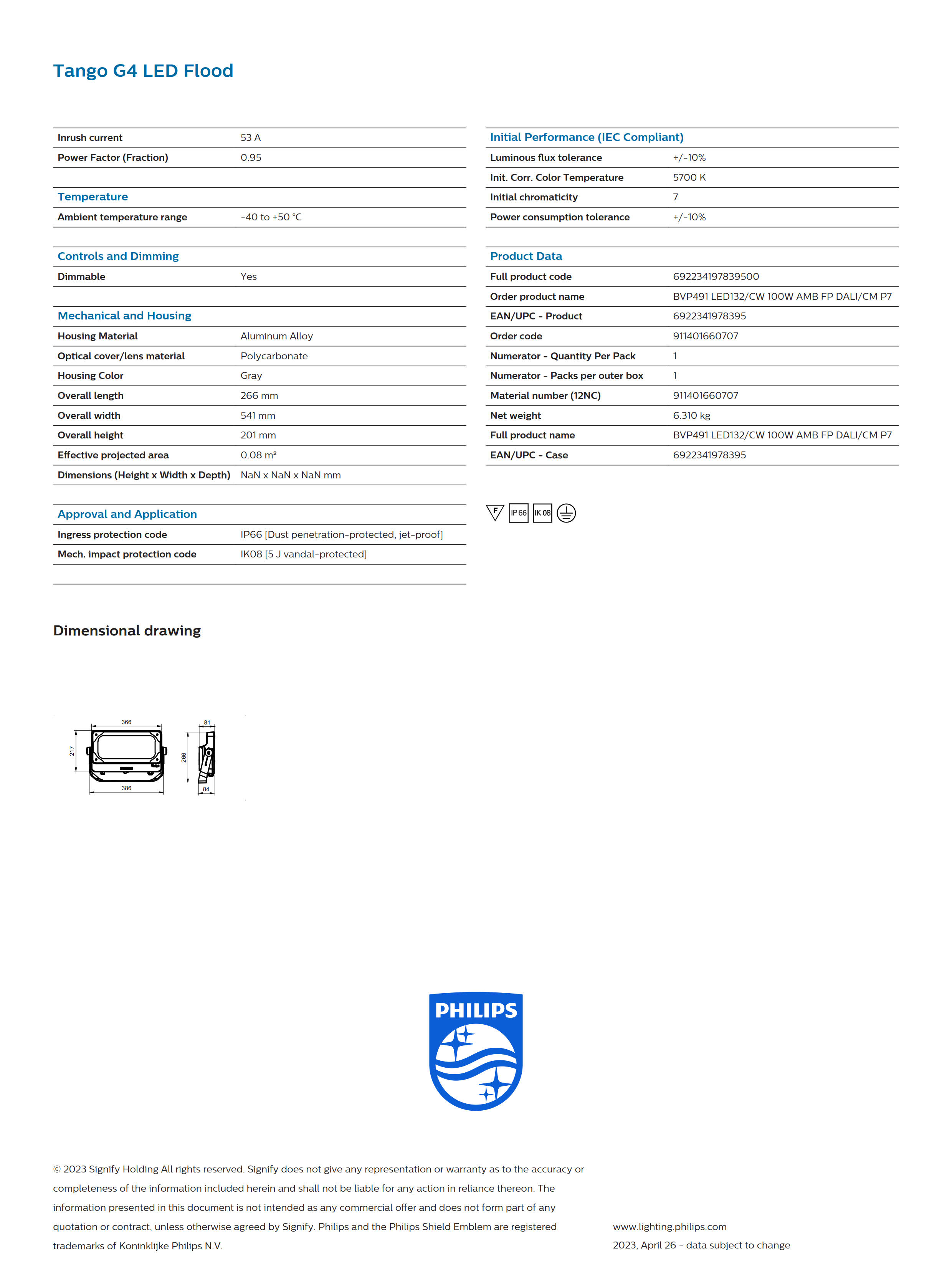 PHILIPS BVP491 LED132/CW 100W AMB FP DALI/CM P7 911401660707