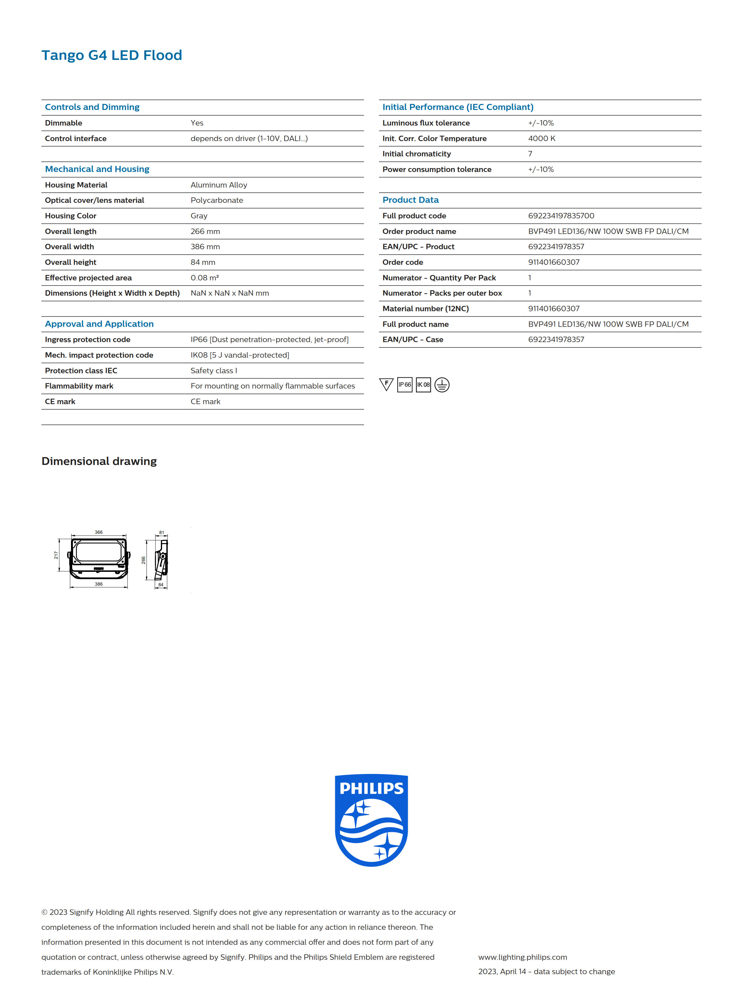 PHILIPS BVP491 LED136/NW 100W SWB FP DALI/CM 911401660307