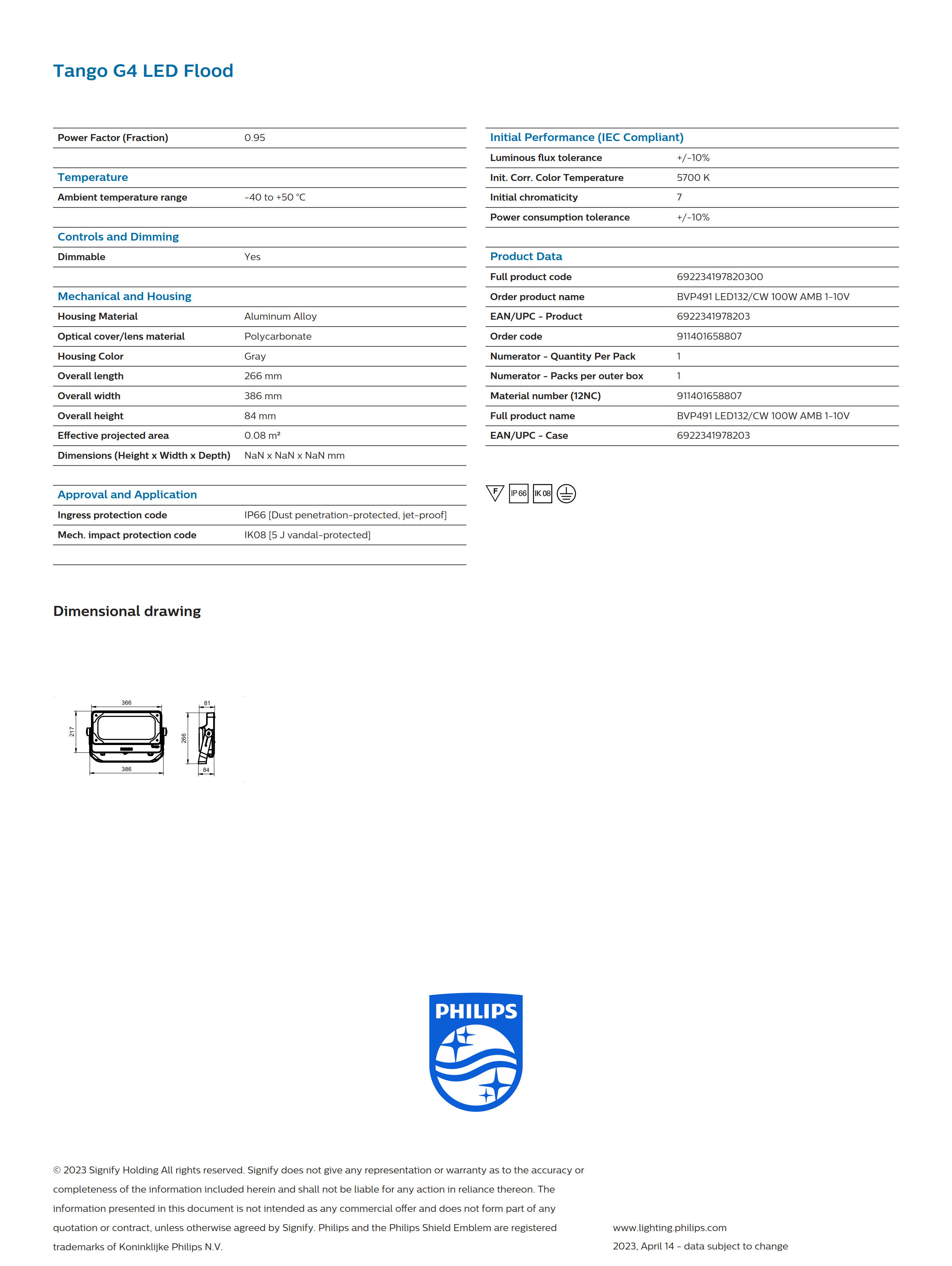 PHILIPS BVP491 LED132/CW 100W AMB 1-10V 911401658807