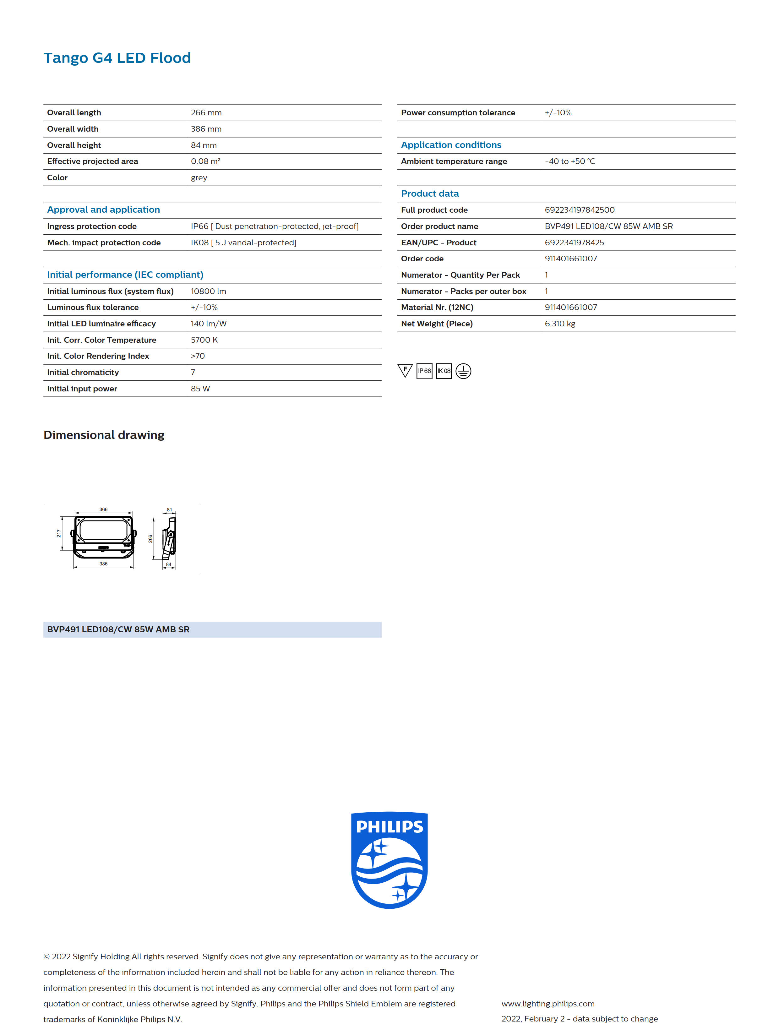 PHILIPS BVP491 LED108/CW 85W AMB SR 911401661007