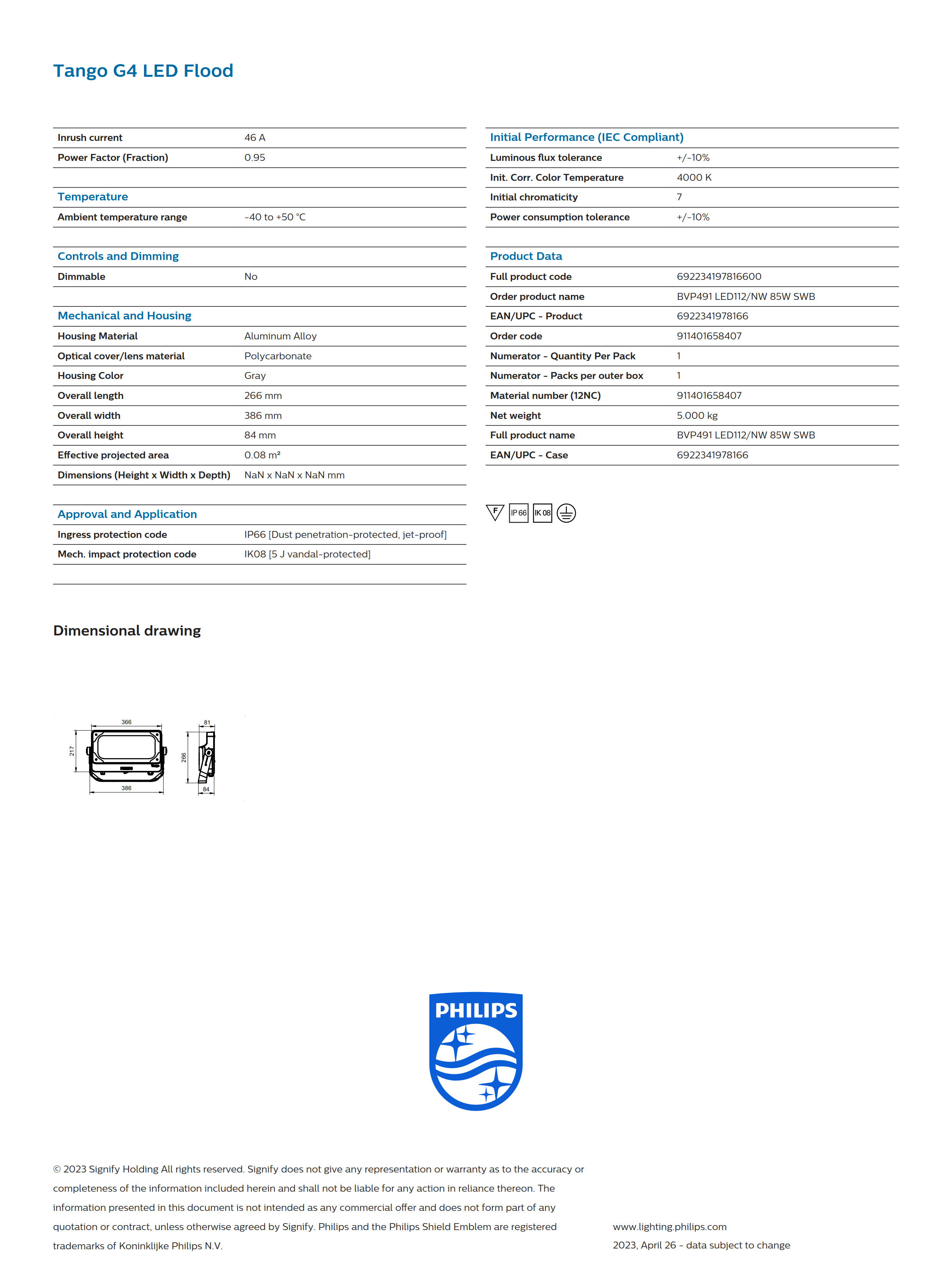 PHILIPS BVP491 LED112/NW 85W SWB 911401658407