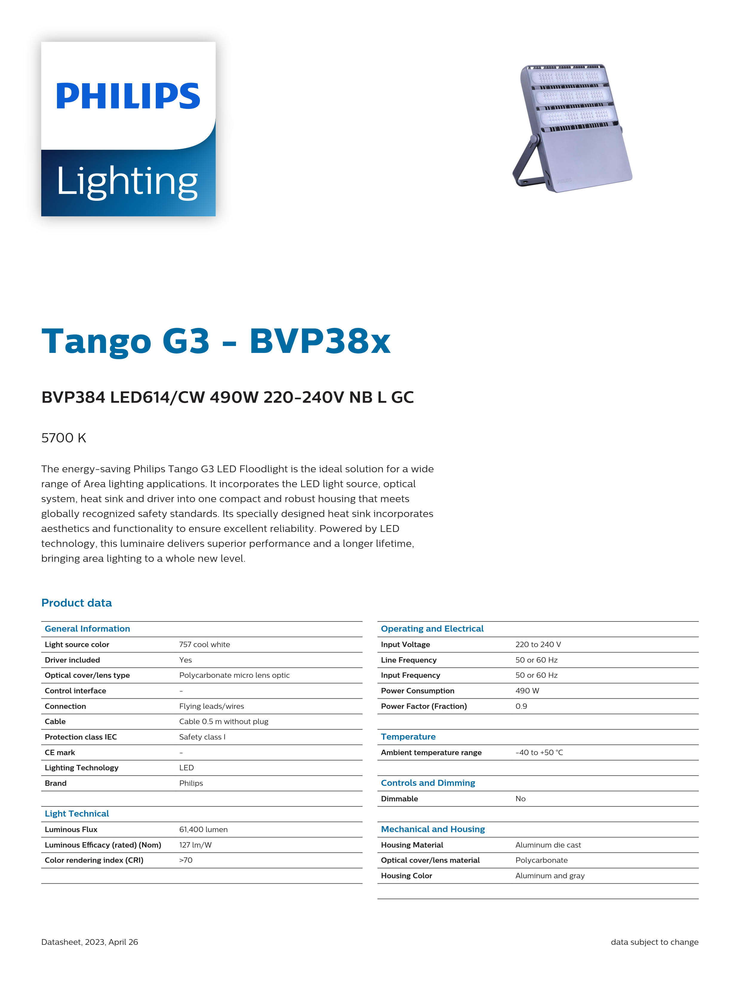 PHILIPS BVP384 LED614/CW 490W 220-240V NB L GC 911401620306