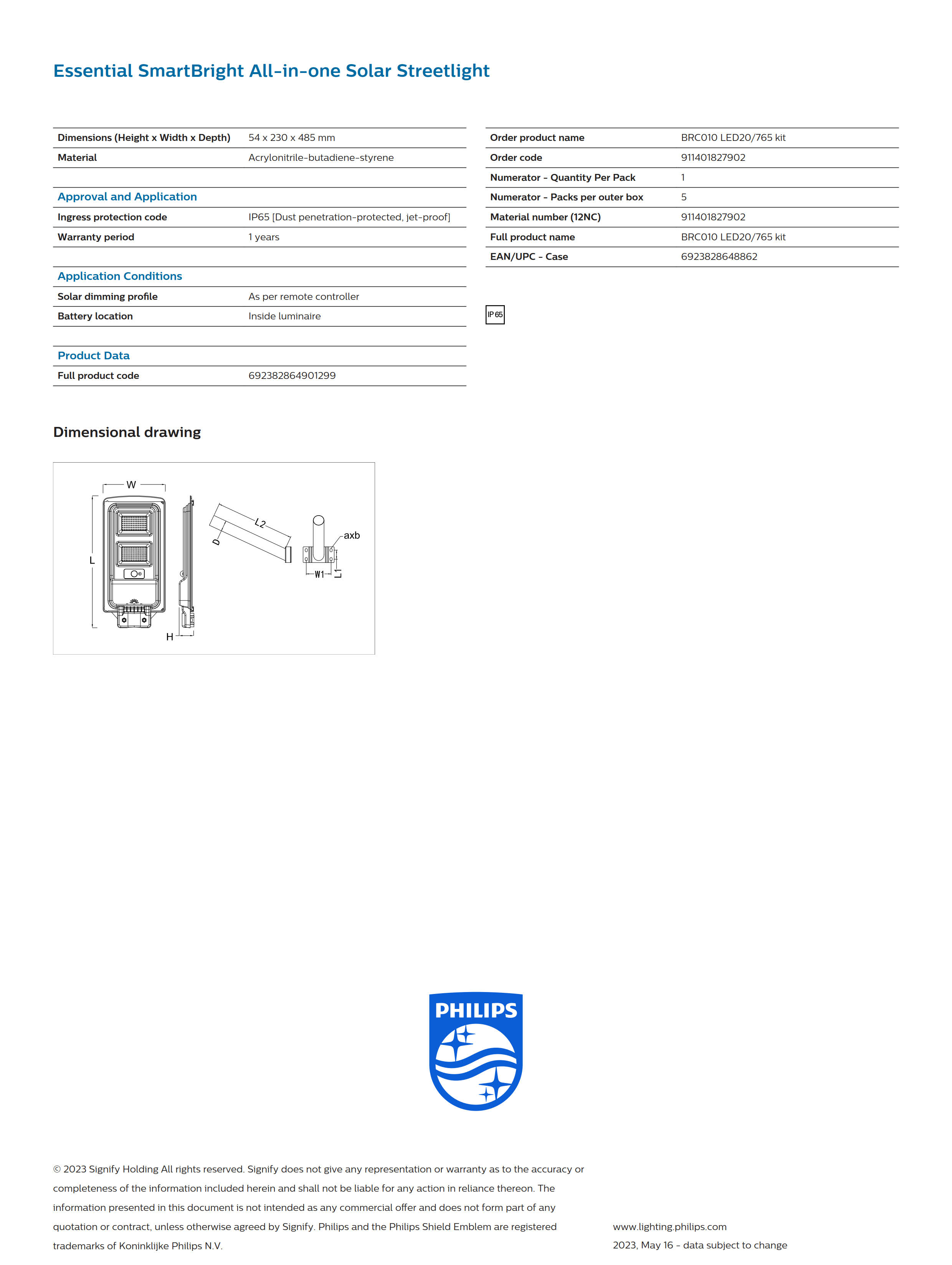 PHILIPS Solar Street BRC010 LED20/765 kit 911401827902