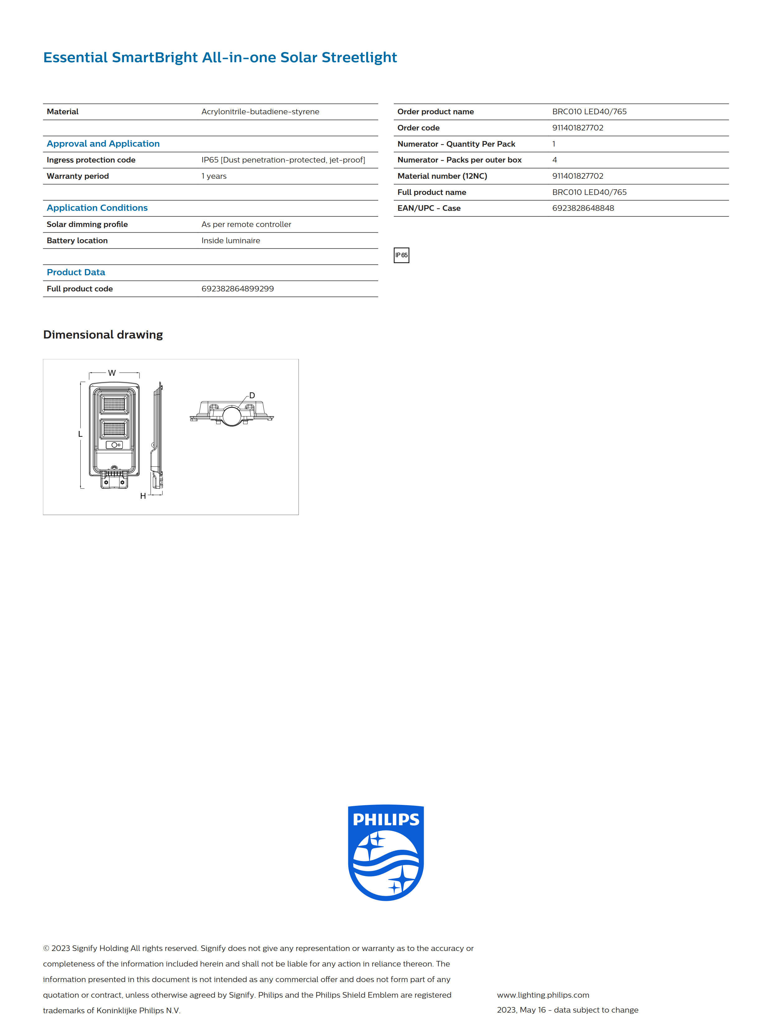 PHILIPS Solar Street BRC010 LED40/765 911401827702