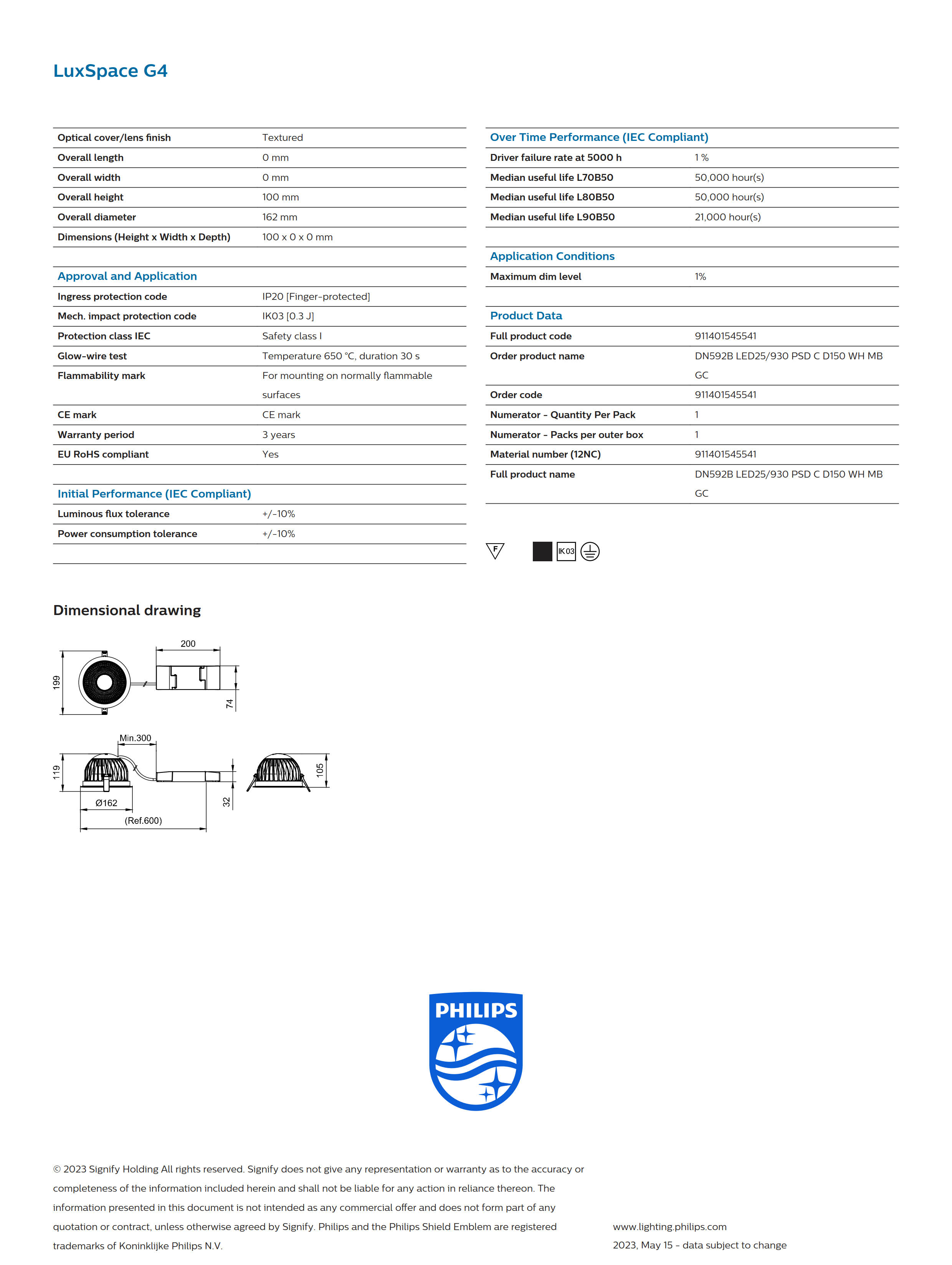 PHILIPS Downlight DN592B LED25/930 PSD C D150 WH MB GC 911401545541