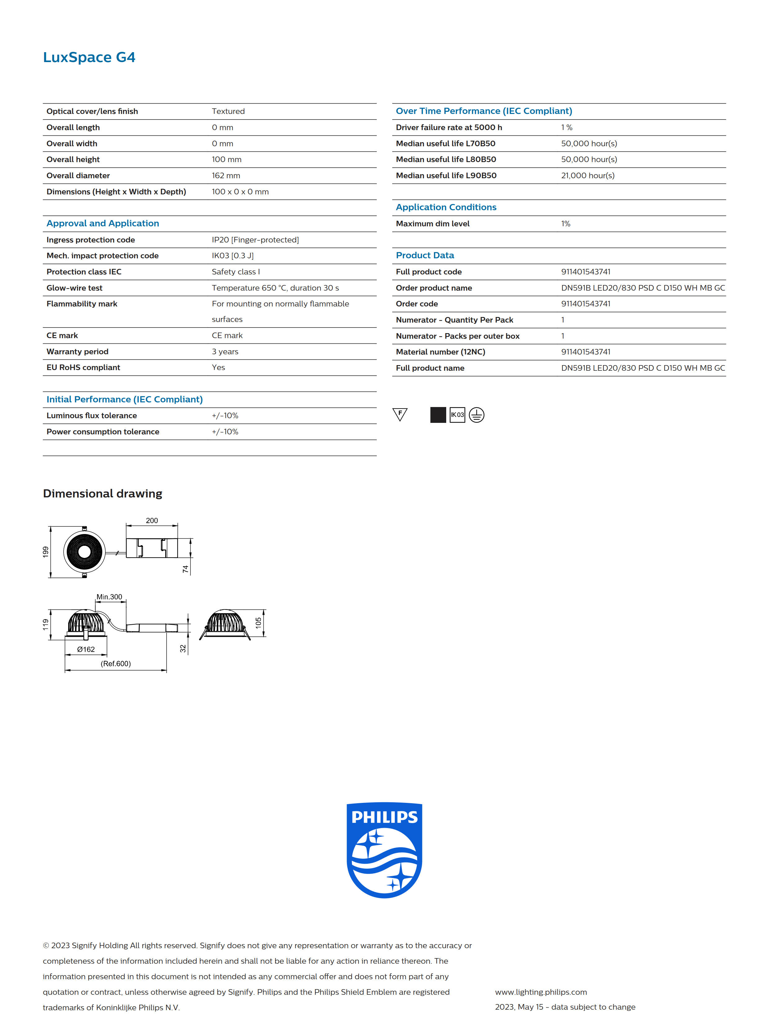 PHILIPS Downlight DN591B LED20/830 PSD C D150 WH MB GC 911401543741