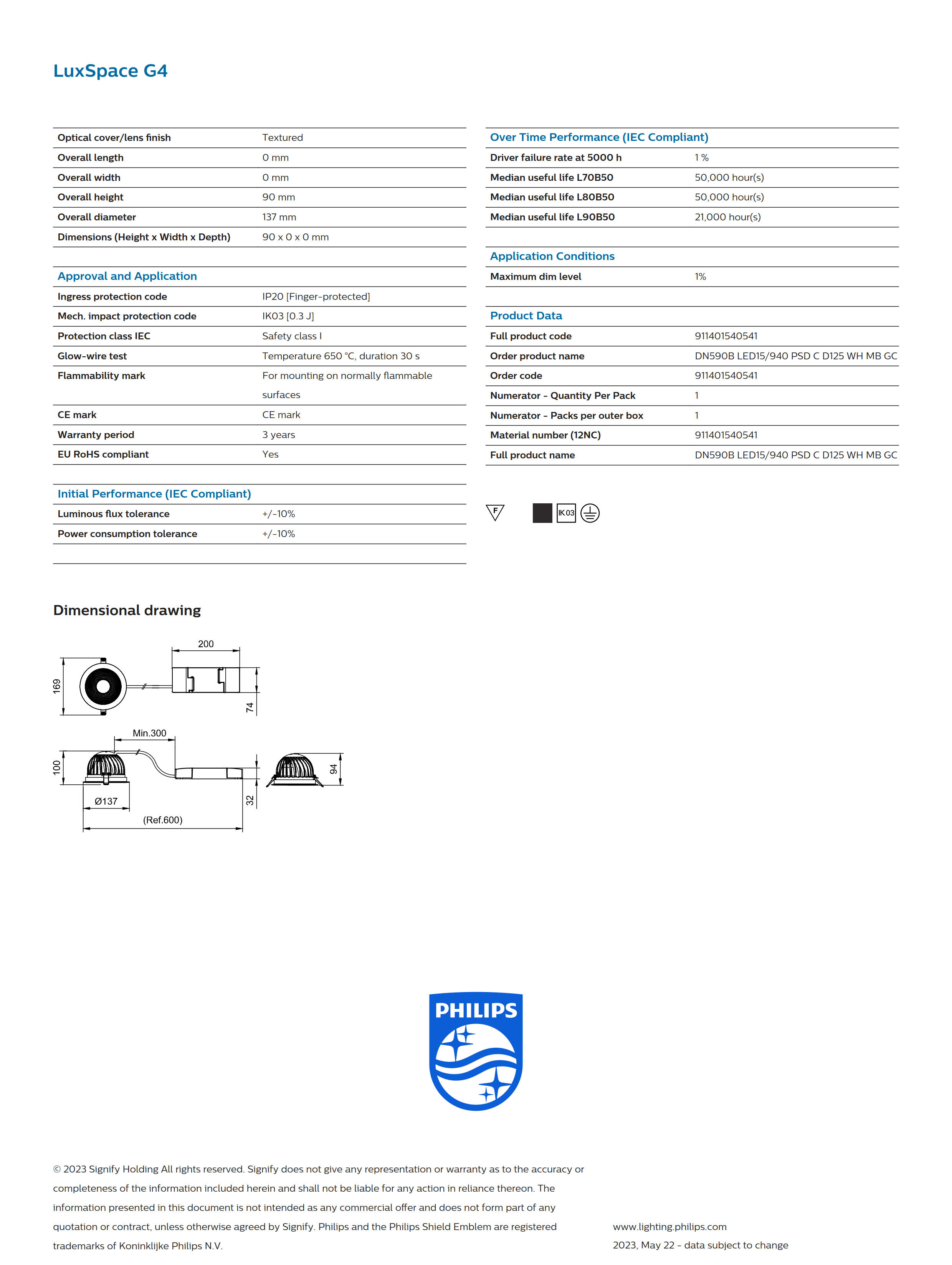 PHILIPS Downlight DN590B LED15/940 PSD C D125 WH MB GC 911401540541