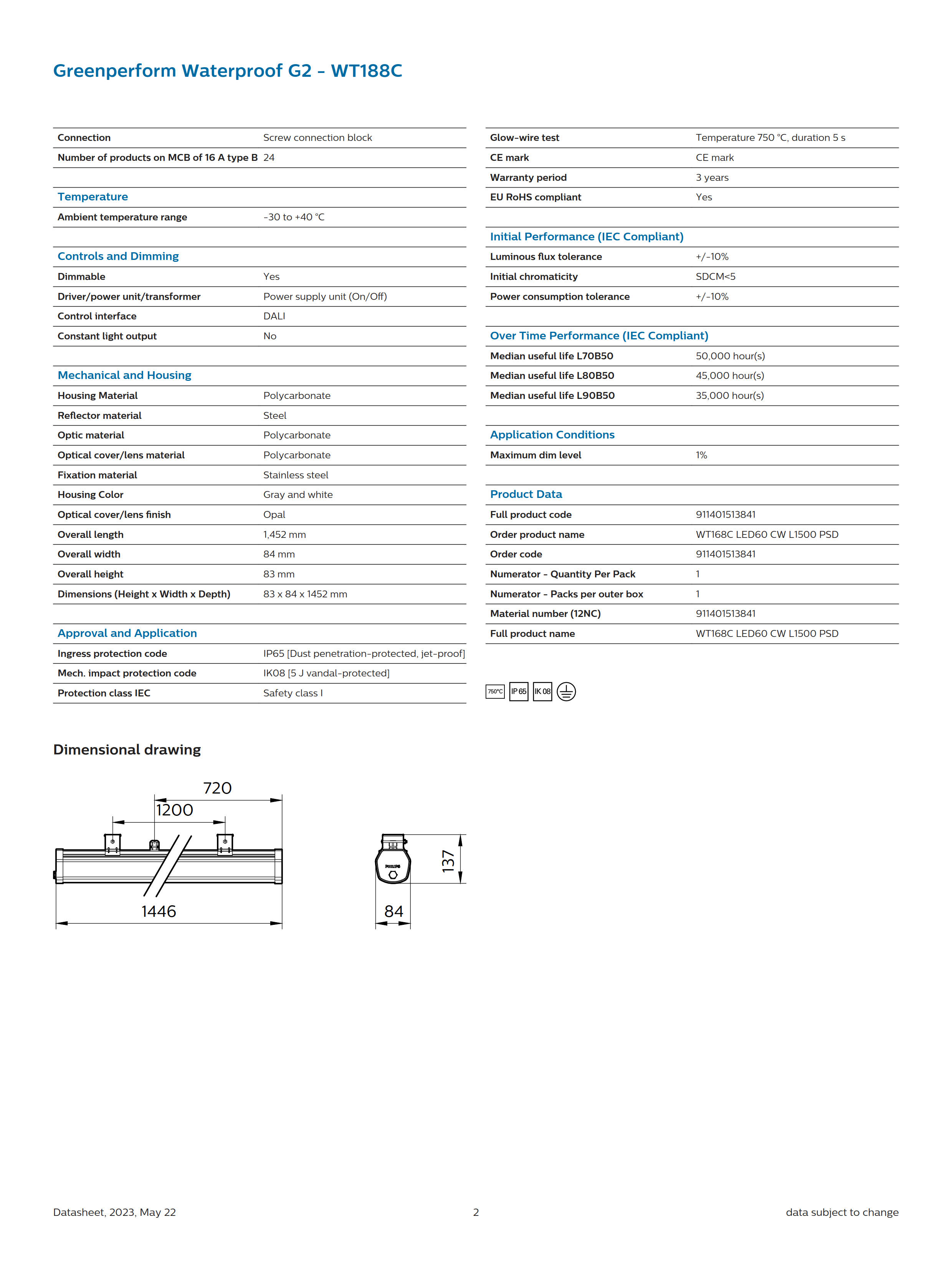 PHILIPS Waterproof WT168C LED60 CW L1500 PSD 911401513841