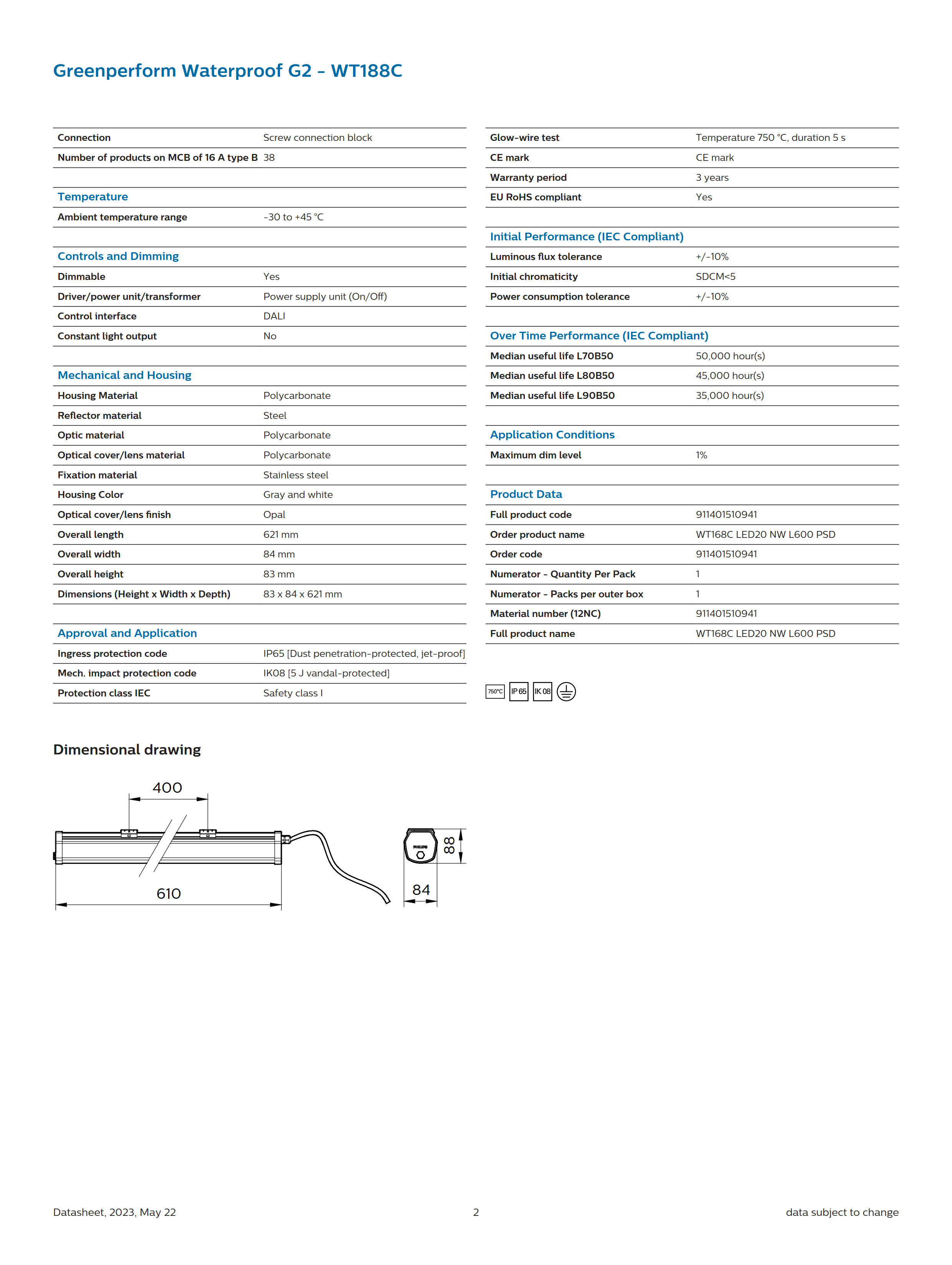 PHILIPS Waterproof WT168C LED20 NW L600 PSD 911401510941