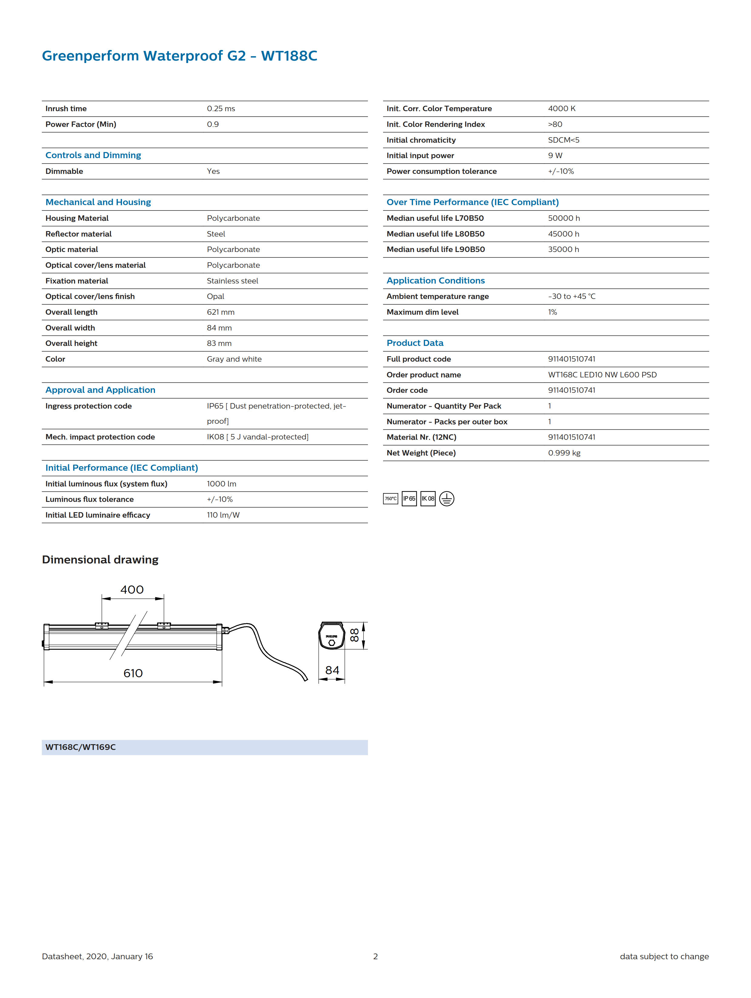 PHILIPS Waterproof WT168C LED10 NW L600 PSD 911401510741