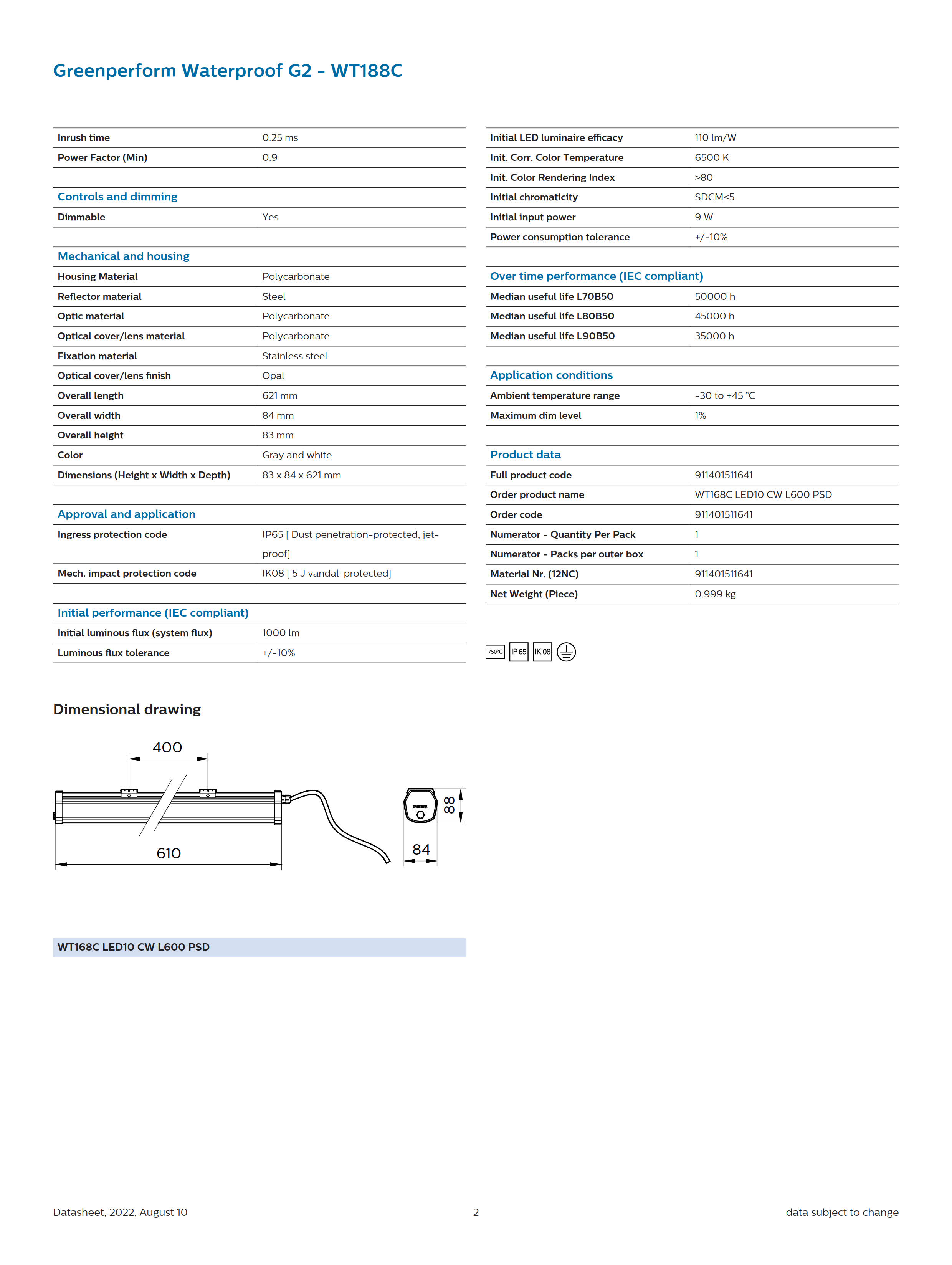 PHILIPS Waterproof WT168C LED10 CW L600 PSD 911401511641