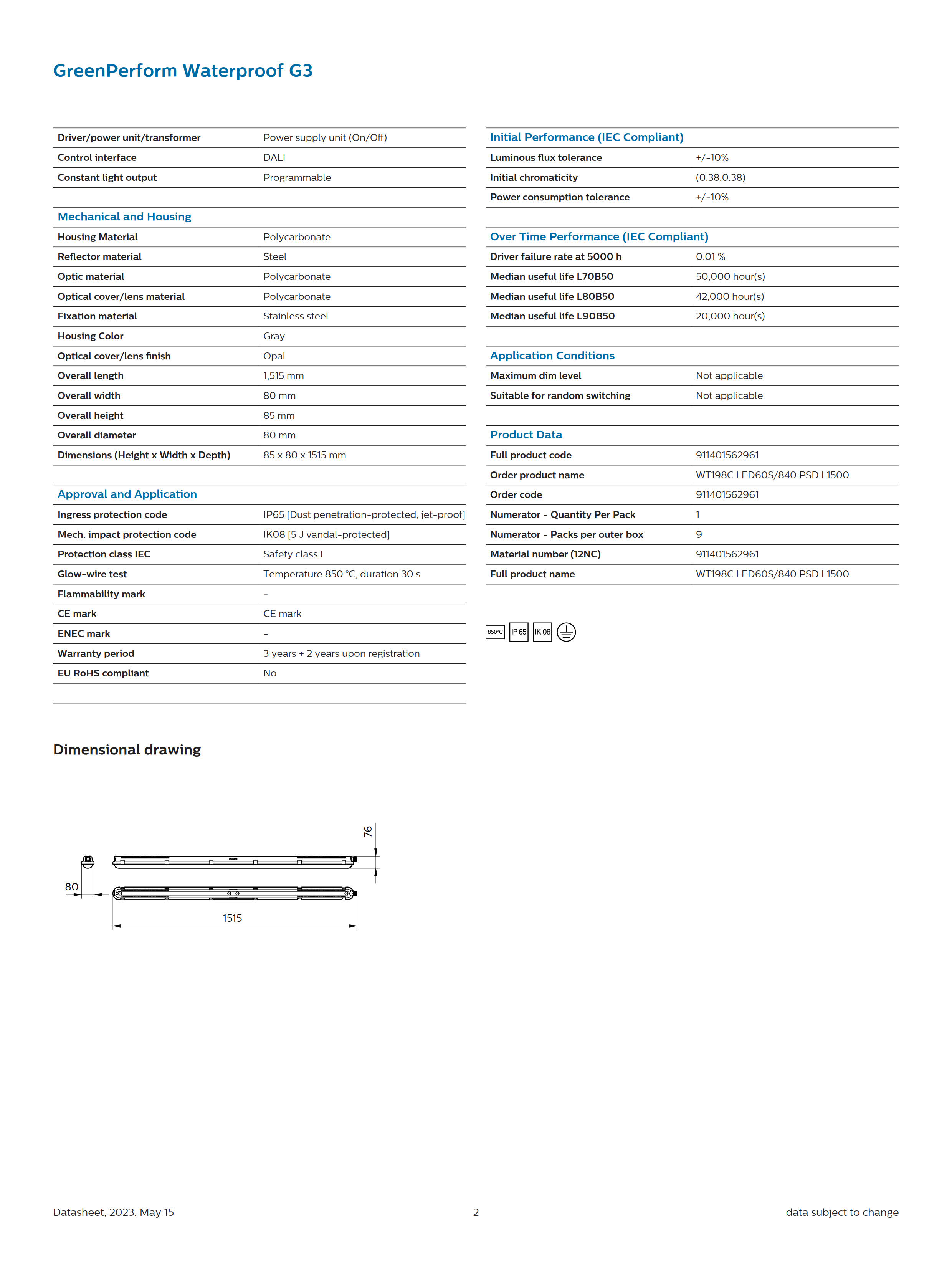 PHILIPS Waterproof WT198C LED60S/840 PSD L1500 911401562961