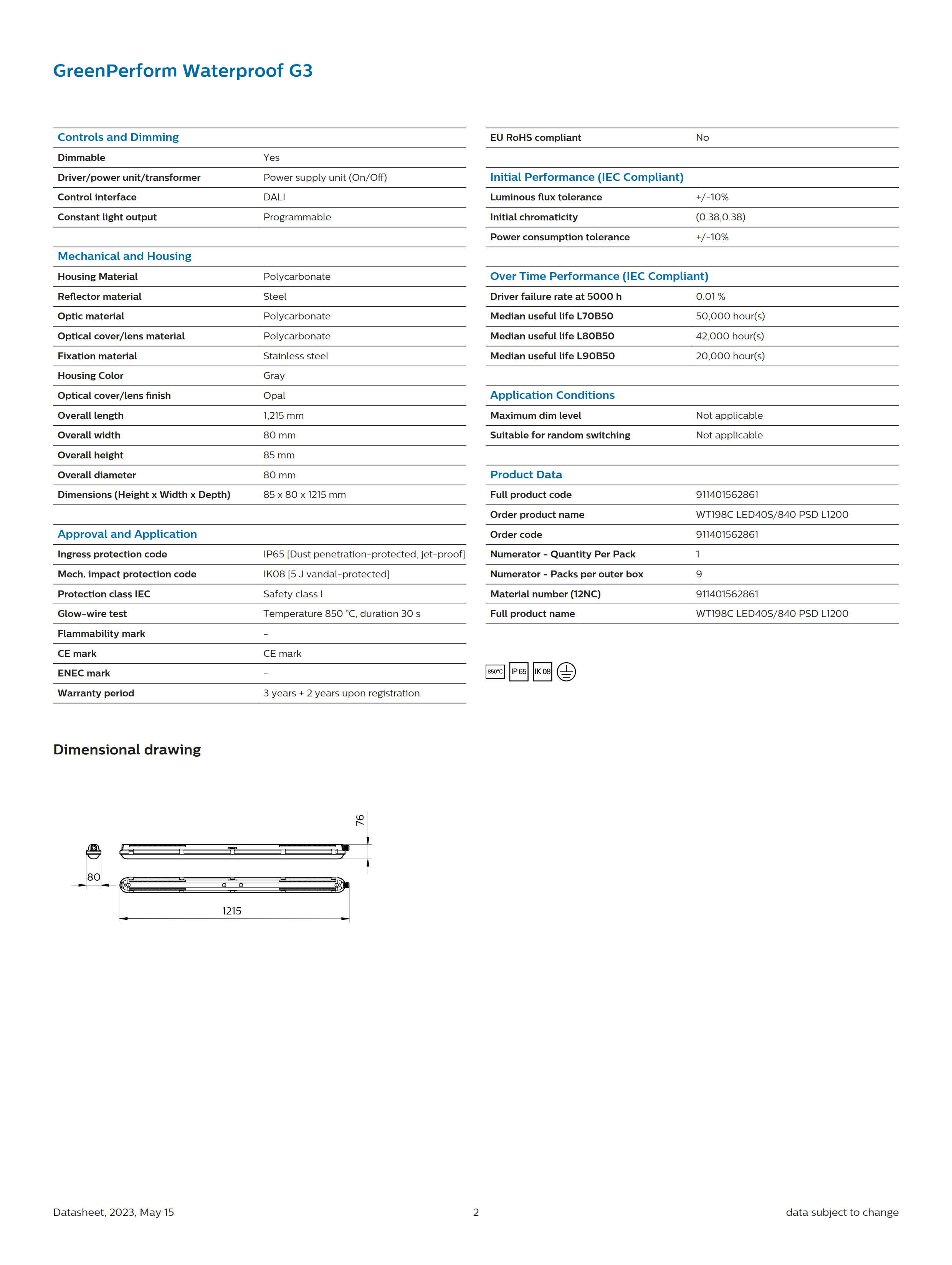 PHILIPS Waterproof WT198C LED40S/840 PSD L1200 911401562861