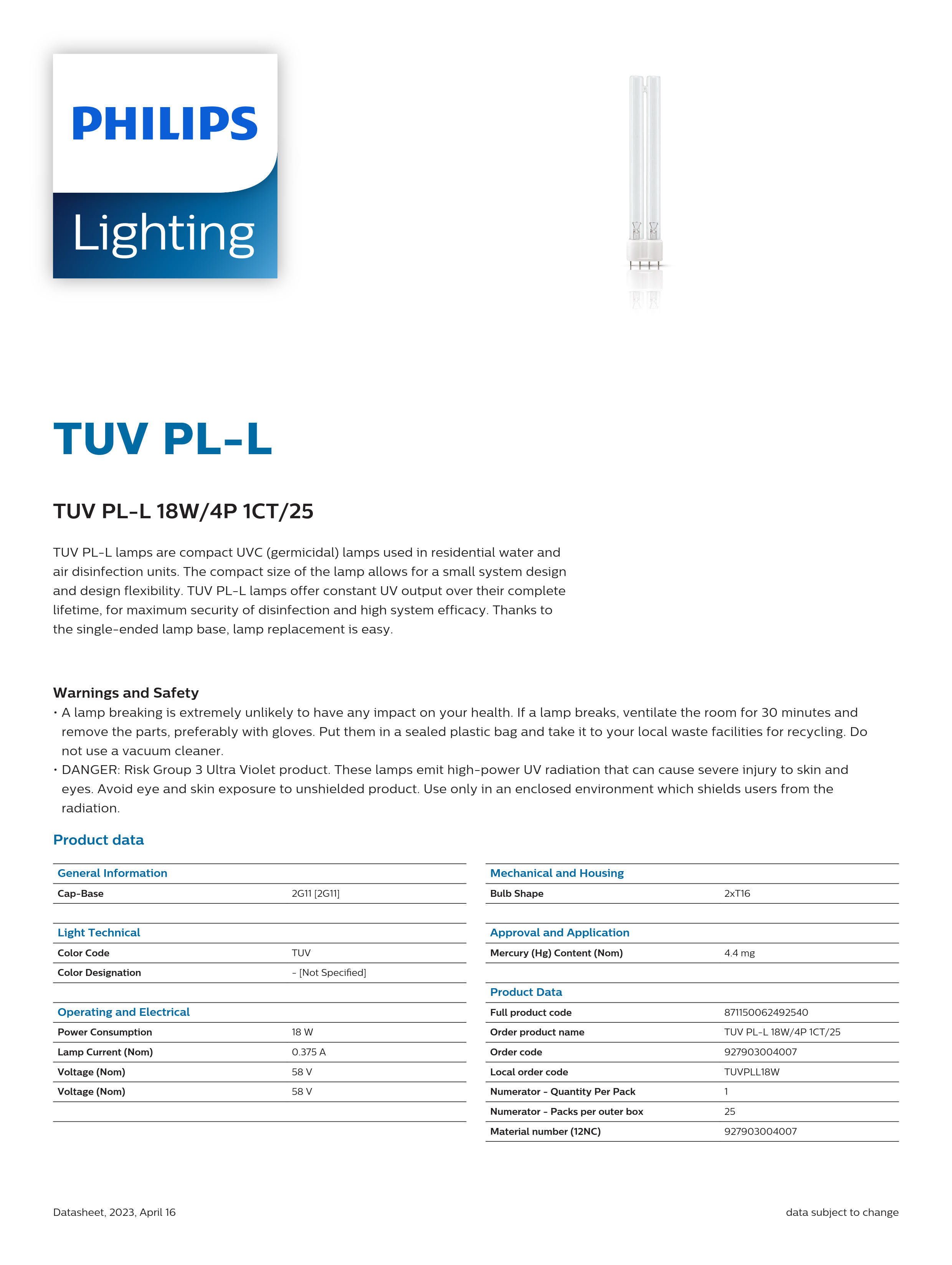 PHILIPS TUV PL-L 18W/4P 1CT/25 927903004007