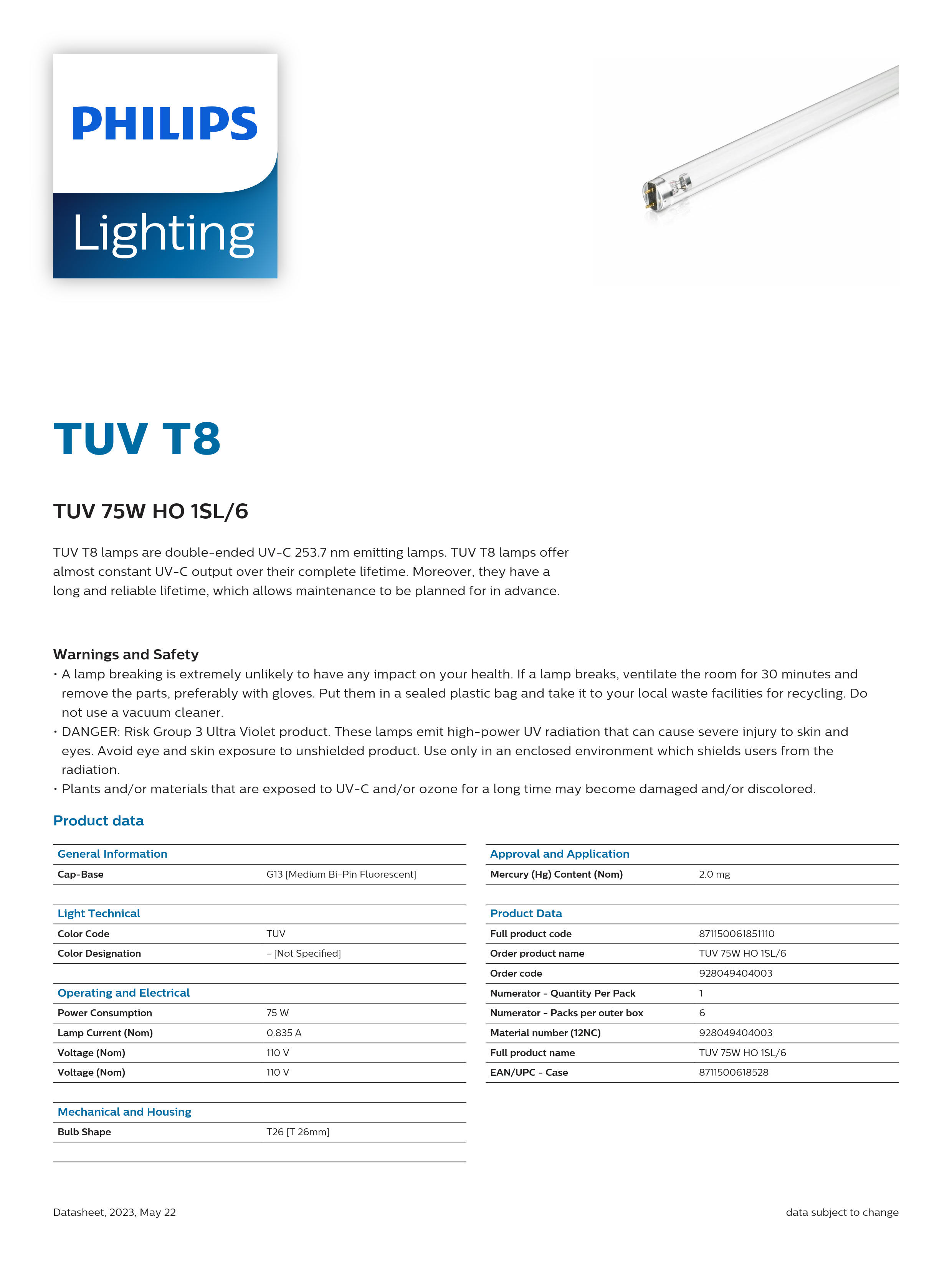 PHILIPS TUV 75W HO 1SL/6 928049404003