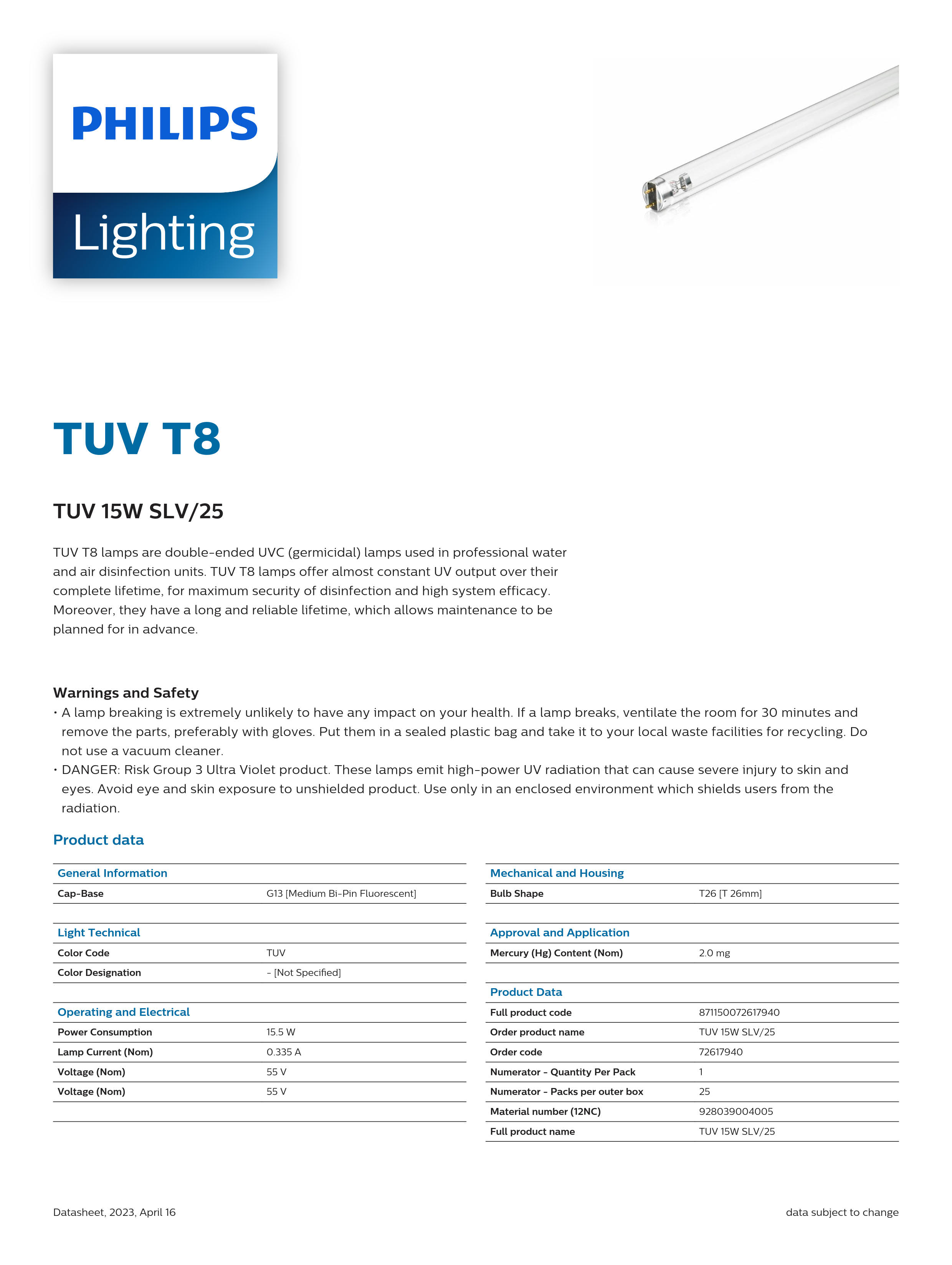 PHILIPS TUV 15W SLV/25 928039004005