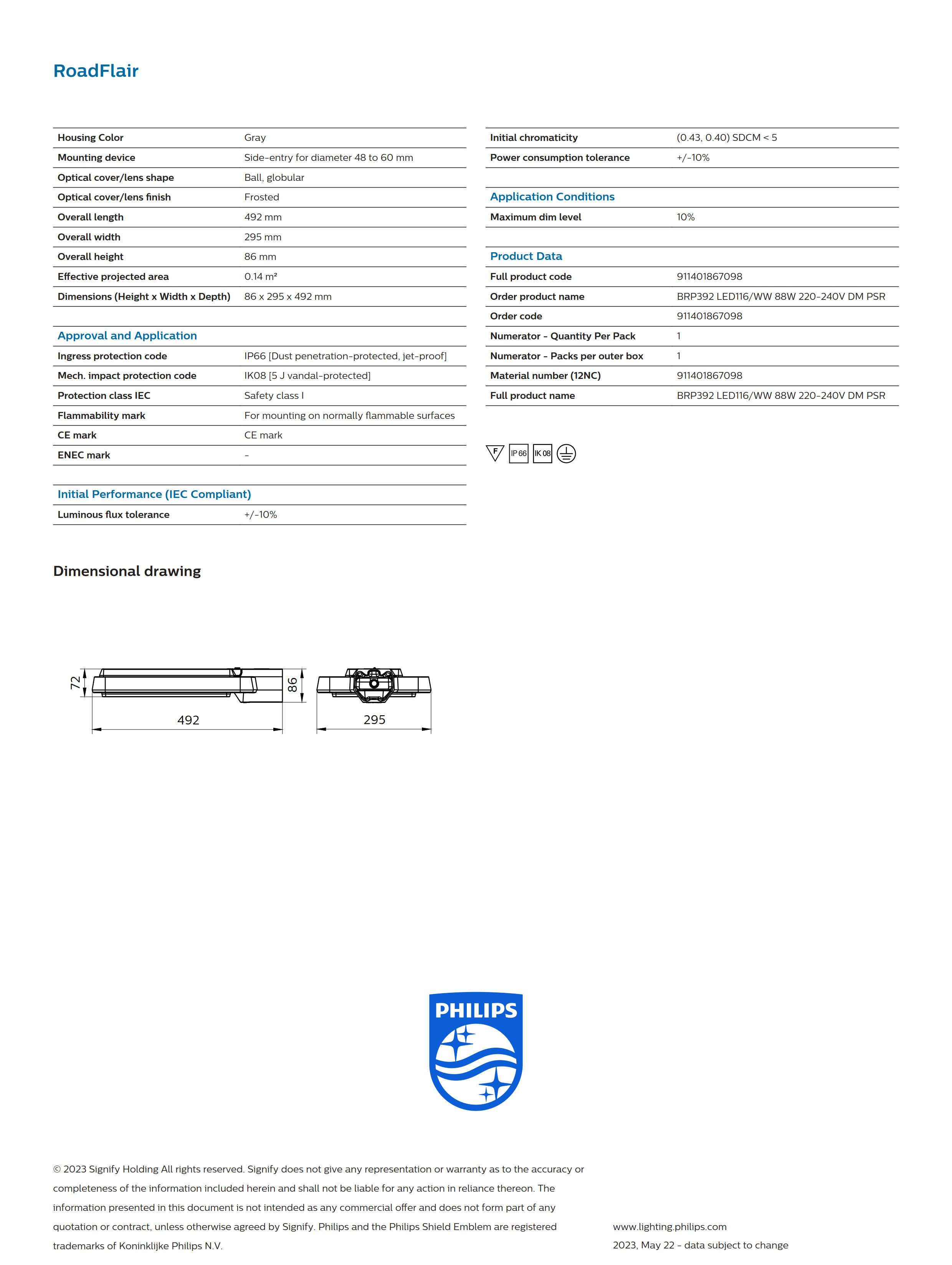 PHILIPS BRP392 LED116/WW 90W 220-240V DW2 PSR 911401855997