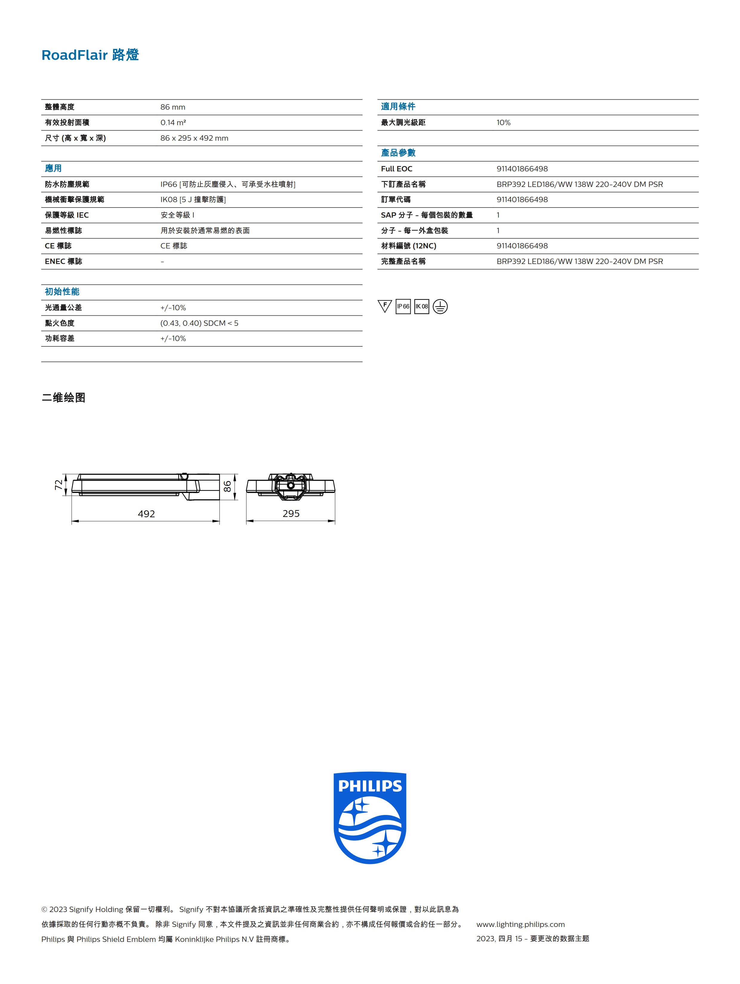 PHILIPS BRP392 LED186/WW 140W 220-240V DW2 PSR 911401855397