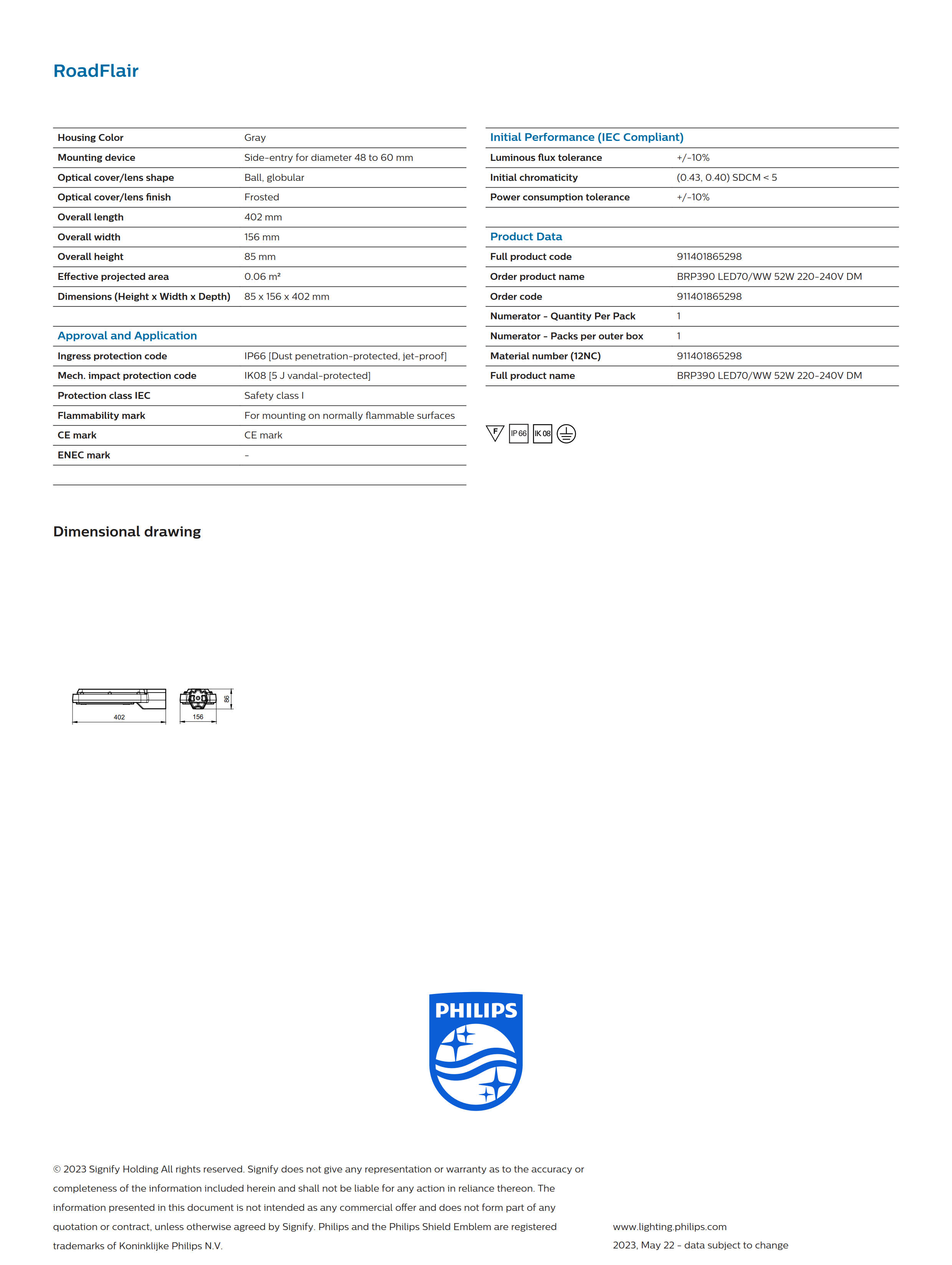 PHILIPS BRP390 LED70/WW 52W 220-240V DM 911401854197