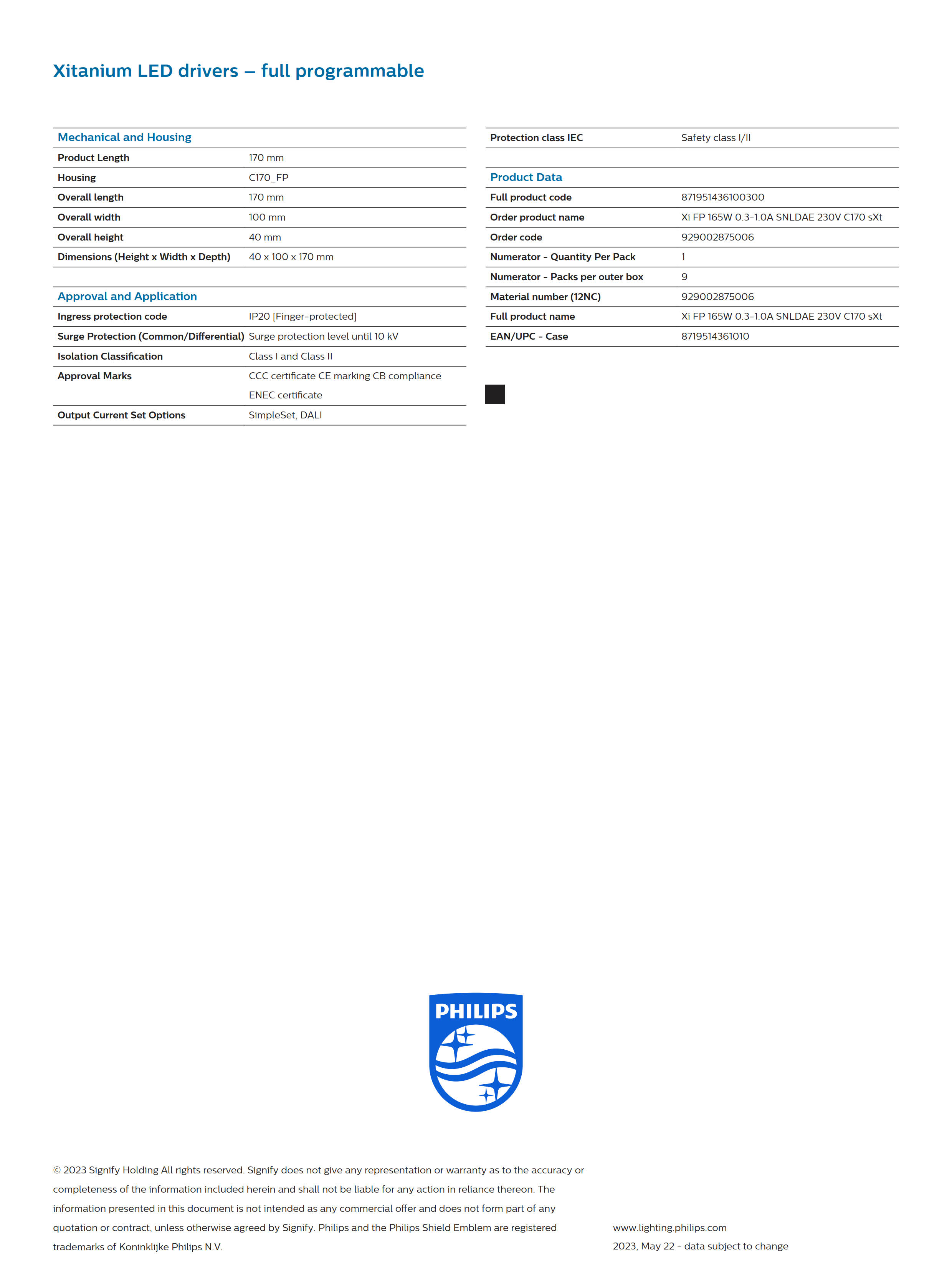 PHILIPS Xi FP 165W 0.3-1.0A SNLDAE 230V C170 sXt 929002875006