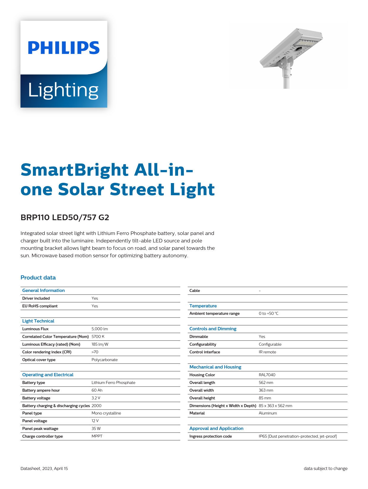 PHILIPS Solar Street light BRP110 LED50/757 G2 911401833902