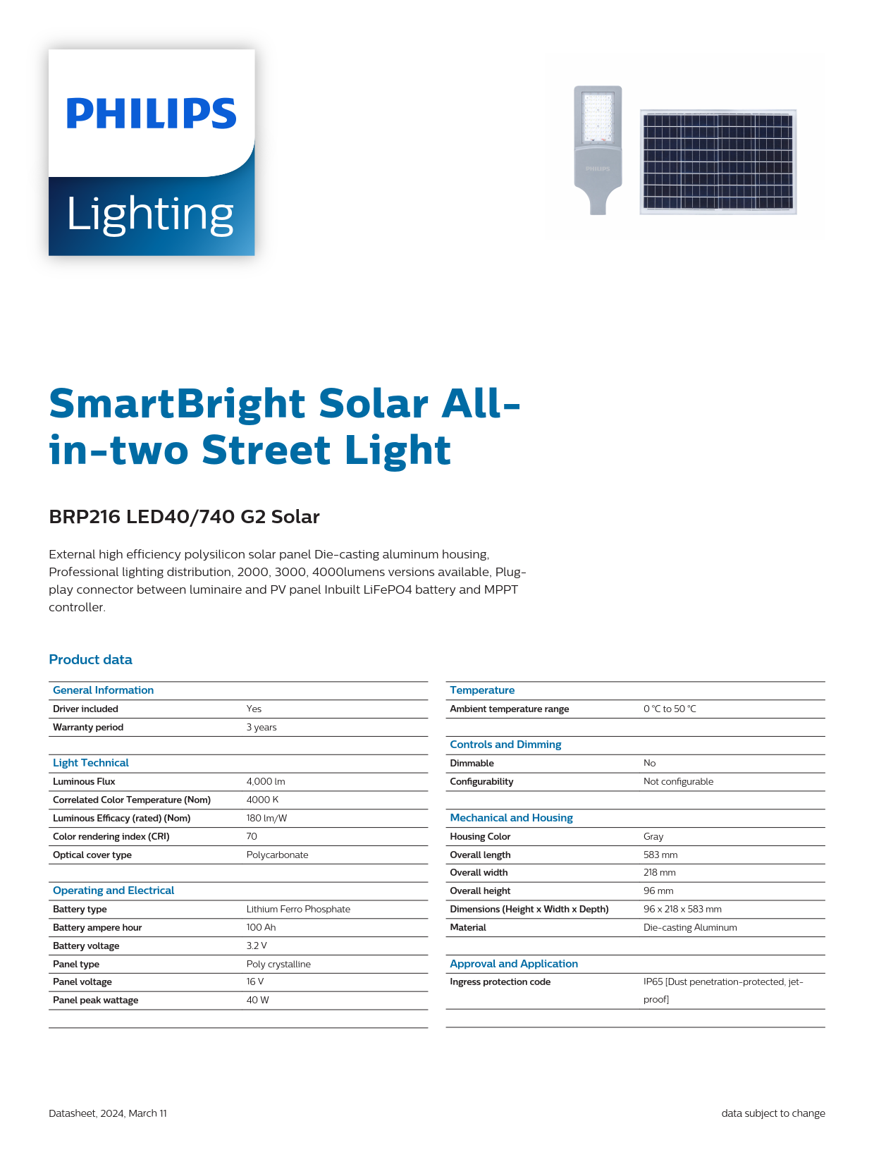 PHILIPS Solar Street light BRP216 LED40/740 G2 Solar 911401845302