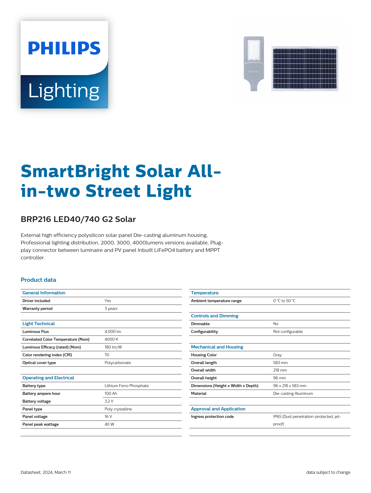 PHILIPS Solar Street light BRP216 LED30/740 G2 Solar 911401845202