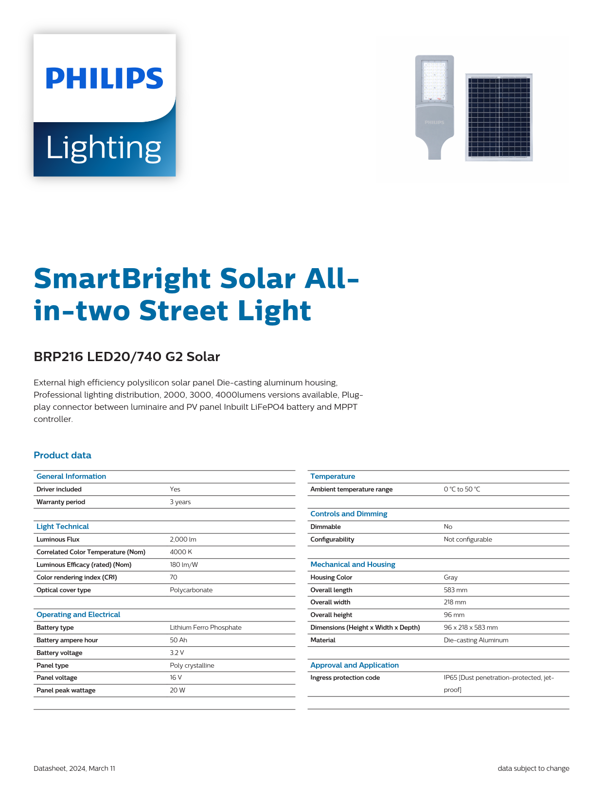 PHILIPS Solar Street light BRP216 LED40/740 G2 Solar 911401845302