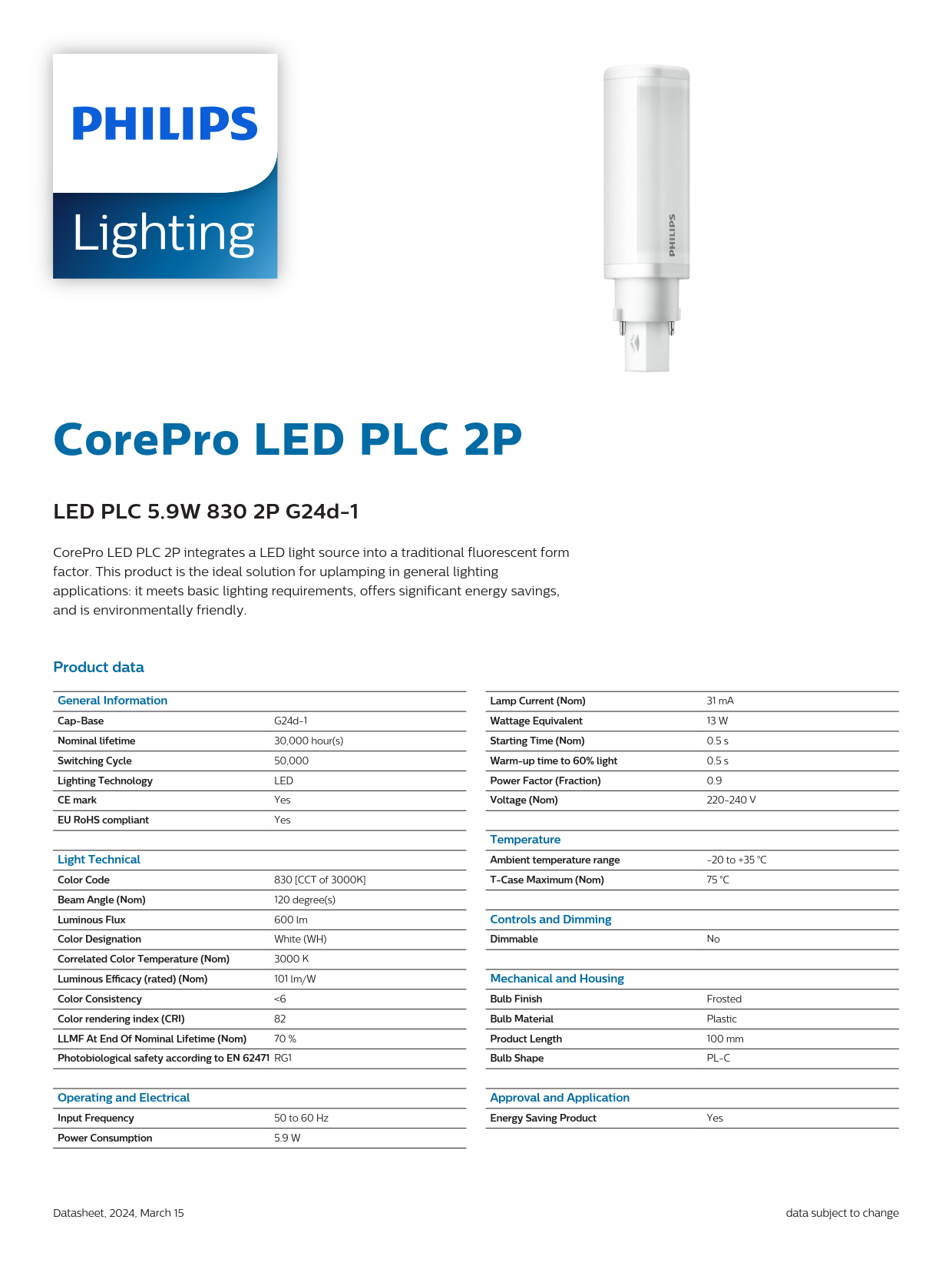 PHILIPS PLC light CorePro LED PLC 5.9W 830 2P G24d-1 929003757008