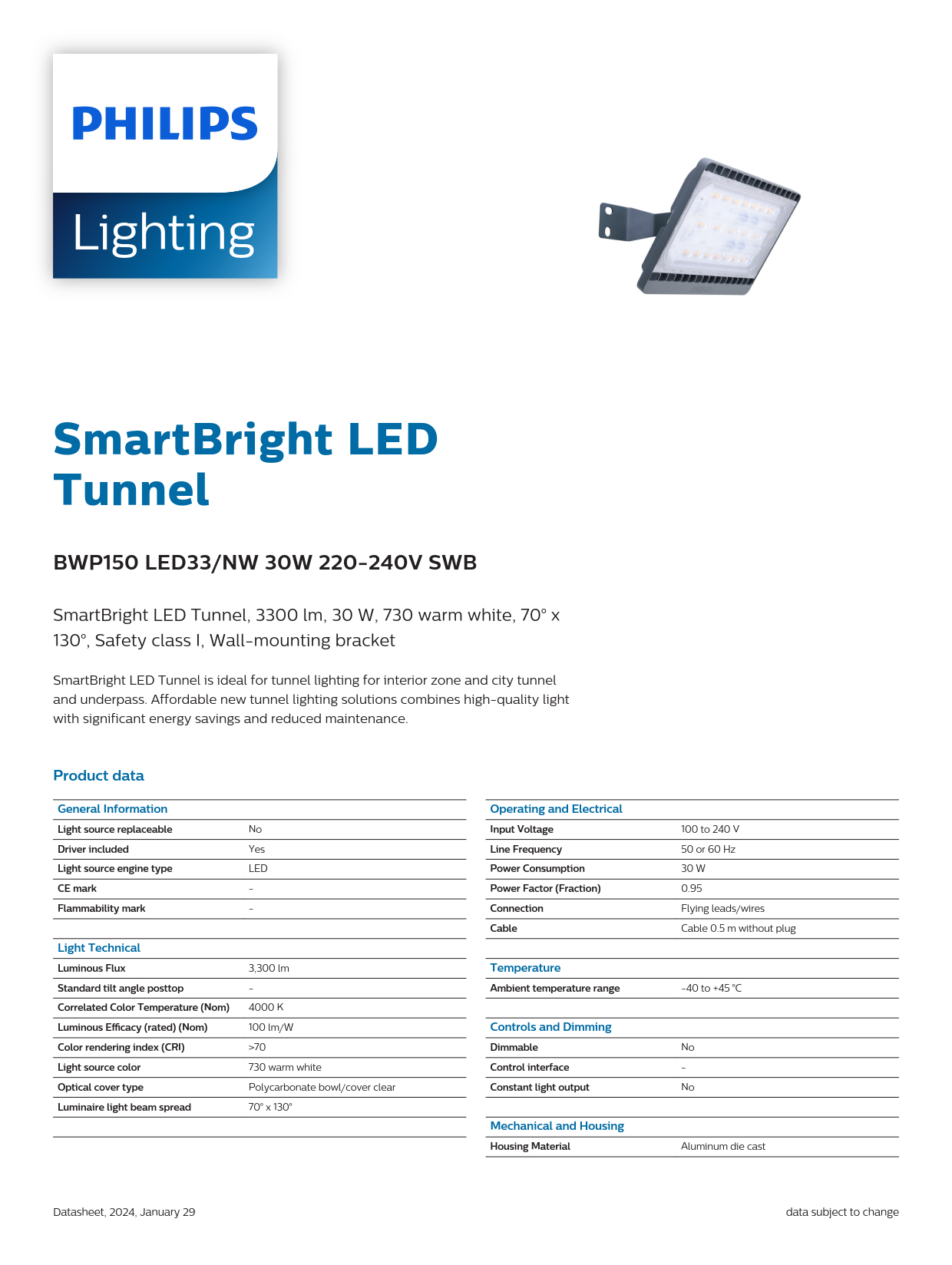 PHILIPS LED tunnel light BWP150 LED33/NW 30W 220-240V SWB 911401638405