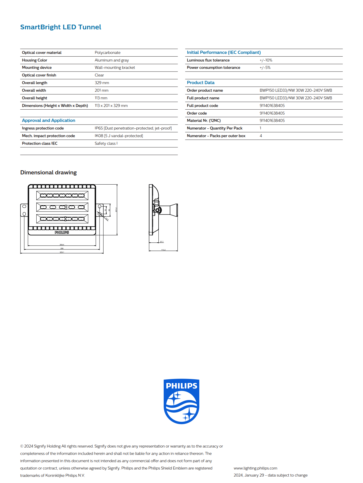 PHILIPS LED tunnel light BWP150 LED33/NW 30W 220-240V SWB 911401638405