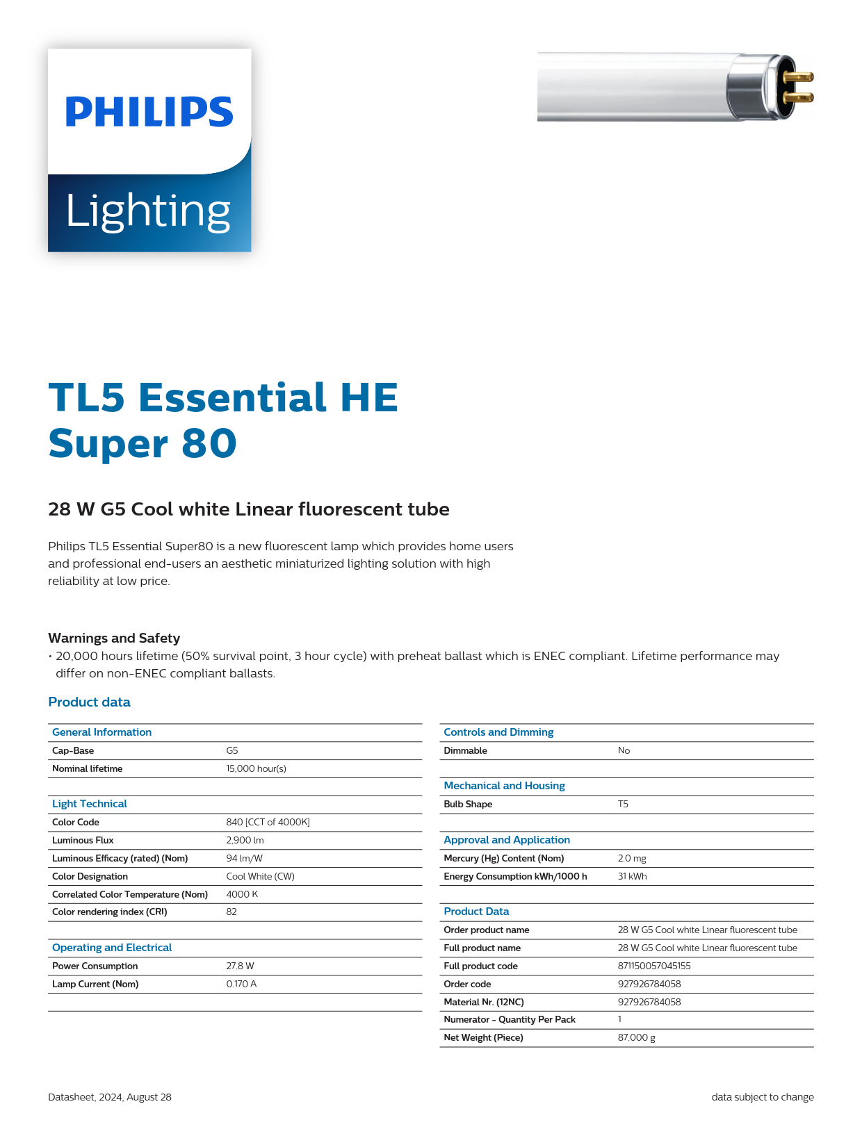 PHILIPS Fluorescent Tube  TL5 Essential 28W/840 1SL/40 927926784058