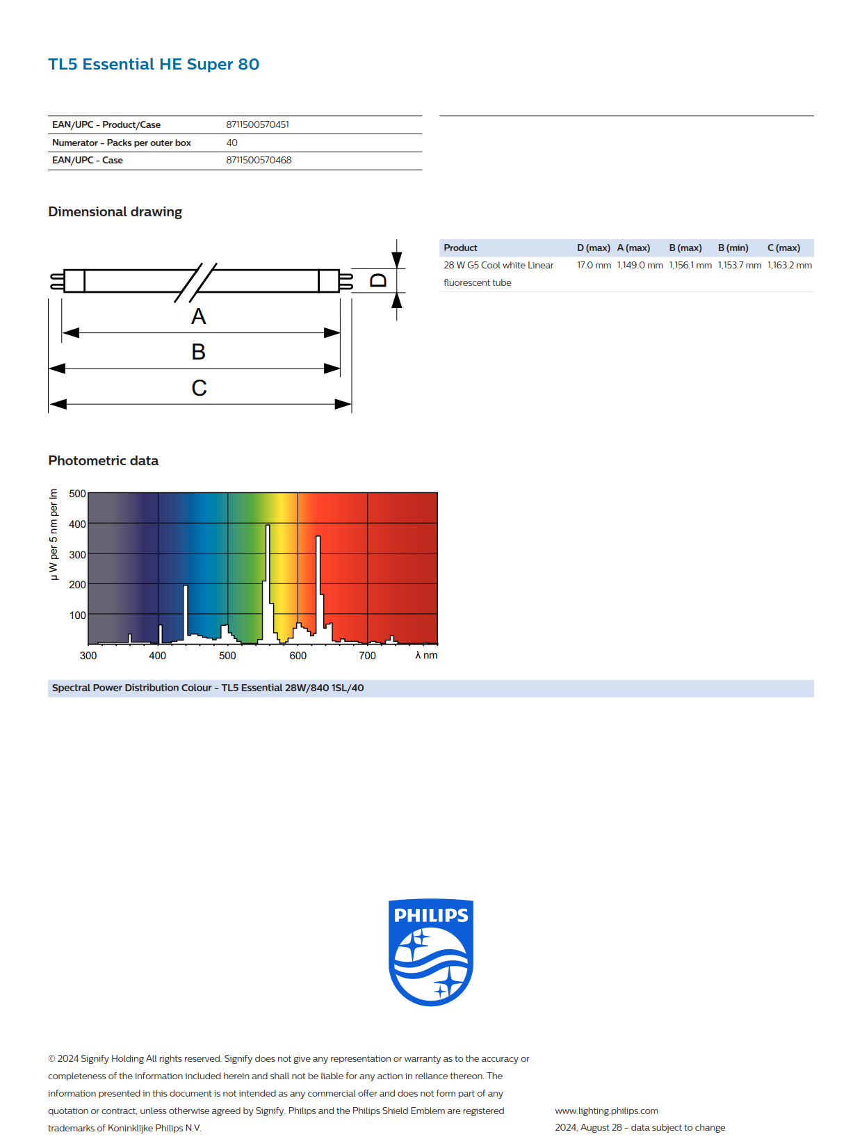 PHILIPS Fluorescent Tube  TL5 Essential 28W/840 1SL/40 927926784058