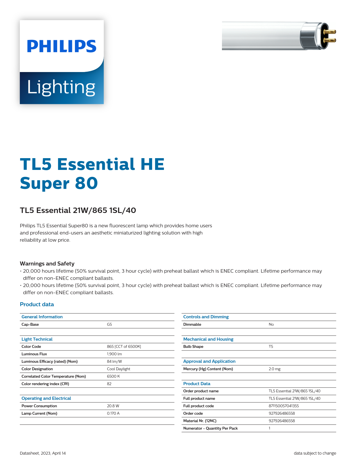 PHILIPS Fluorescent Tube TL5 Essential 21W/865 1SL/40 927926486558