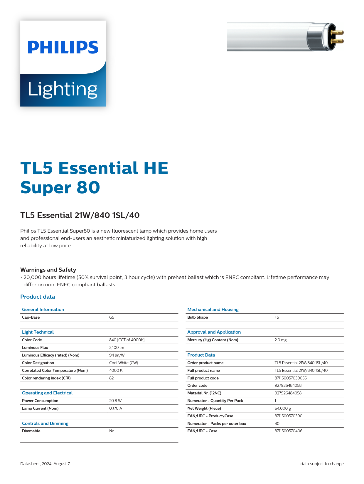 PHILIPS Fluorescent Tube TL5 Essential 21W/840 1SL/40 927926484058