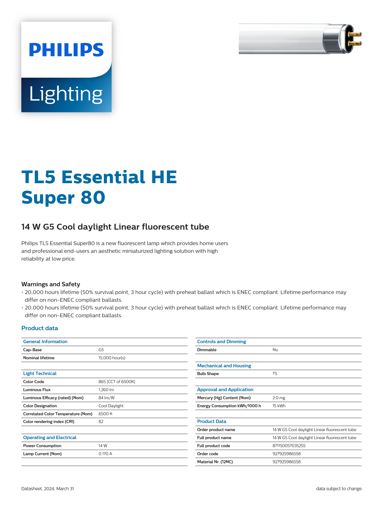 PHILIPS Fluorescent Tube TL5 Essential 14W/865 1SL/40 927925986558