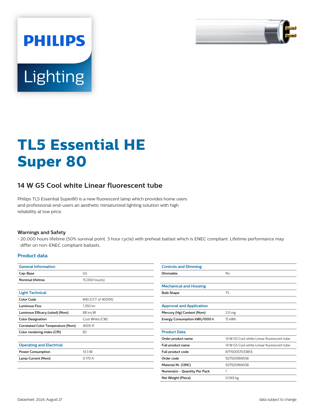 PHILIPS Fluorescent Tube TL5 Essential 14W/840 1SL/40 927925984058