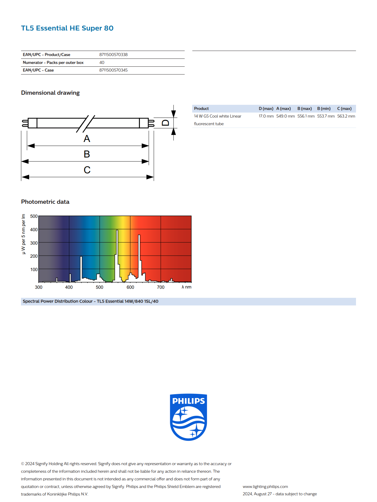 PHILIPS Fluorescent Tube TL5 Essential 14W/840 1SL/40 927925984058