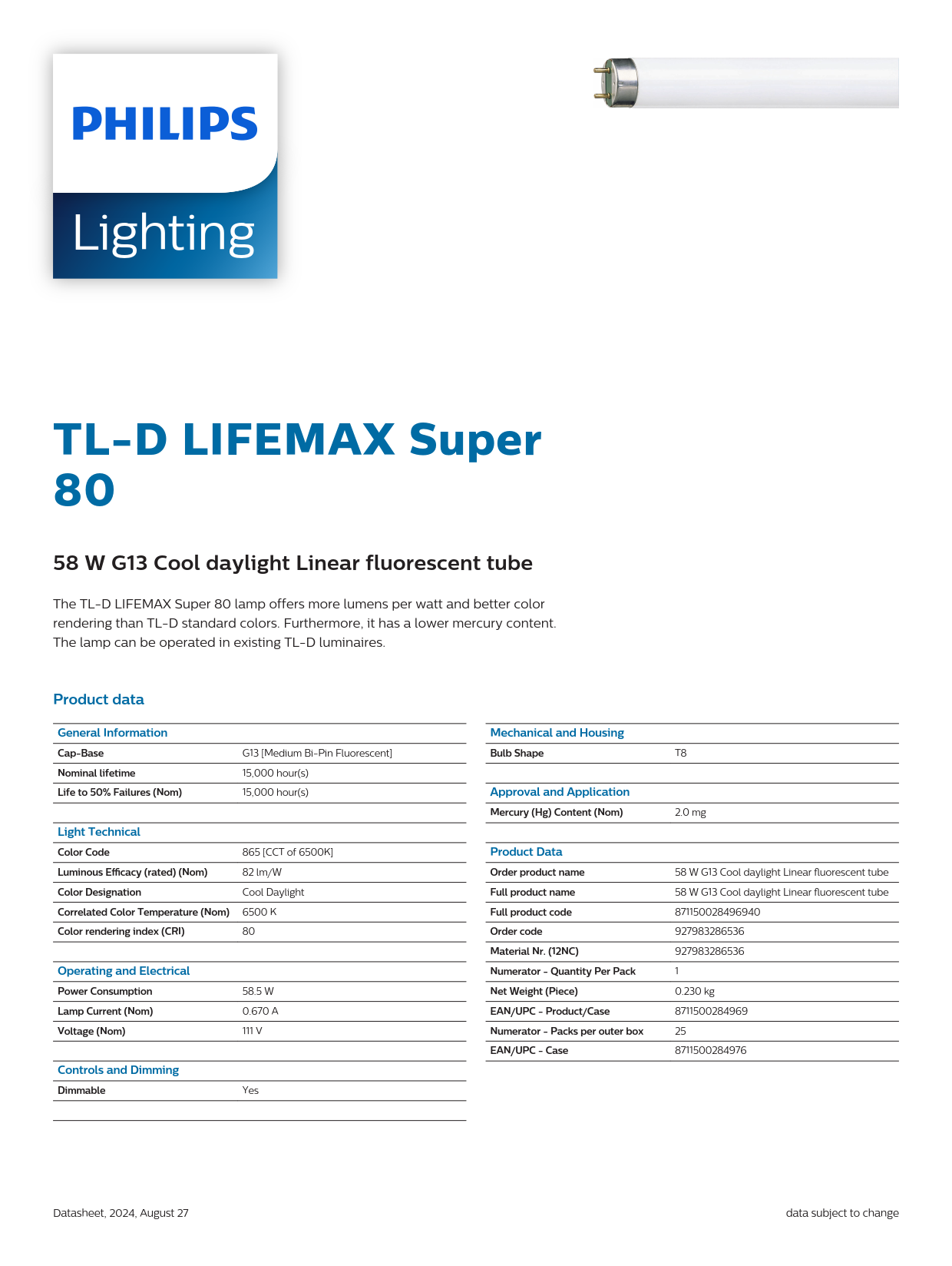 PHILIPS Fluorescent Tube TL-D 58W/865 1SL/25 927983286536