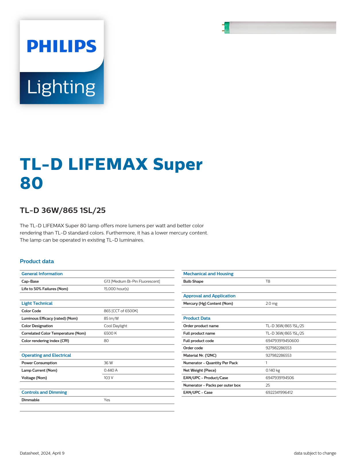 PHILIPS Fluorescent Tube TL-D 36W/865 1SL/25 927982286553