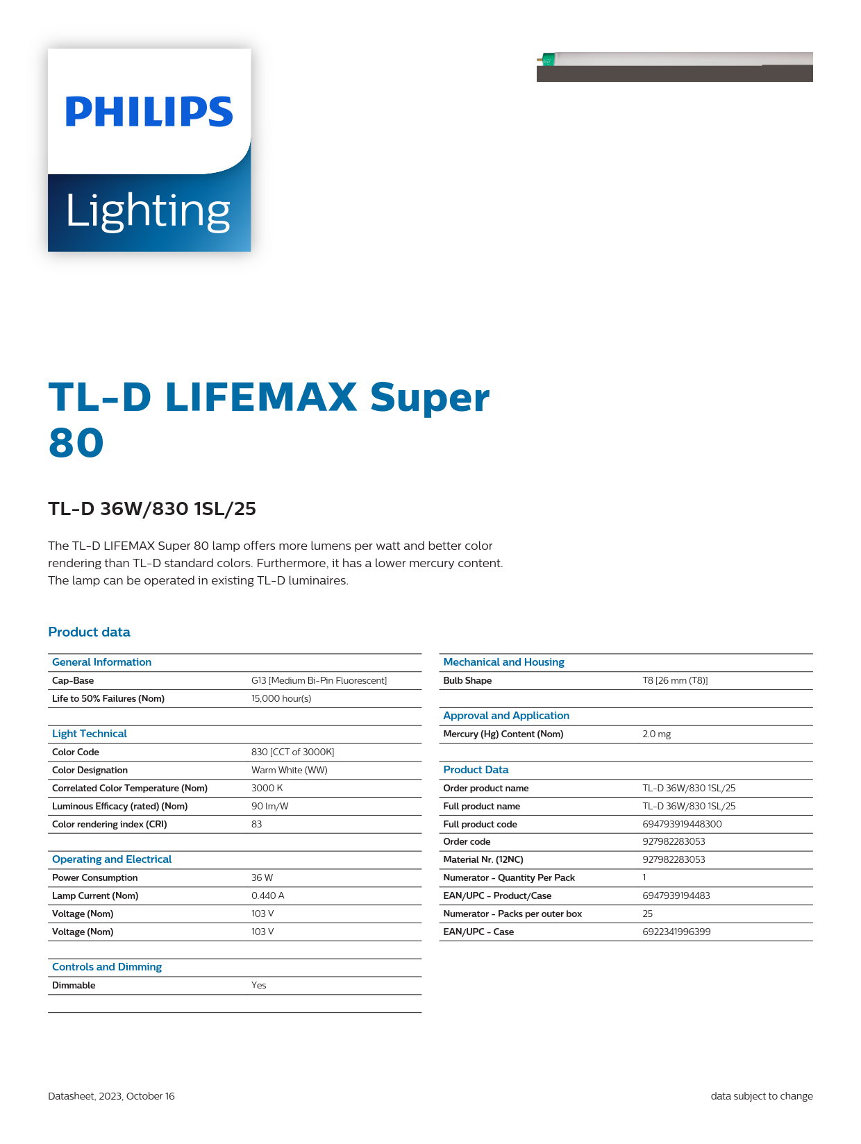 PHILIPS Fluorescent Tube TL-D 36W/830 1SL/25 927982283053