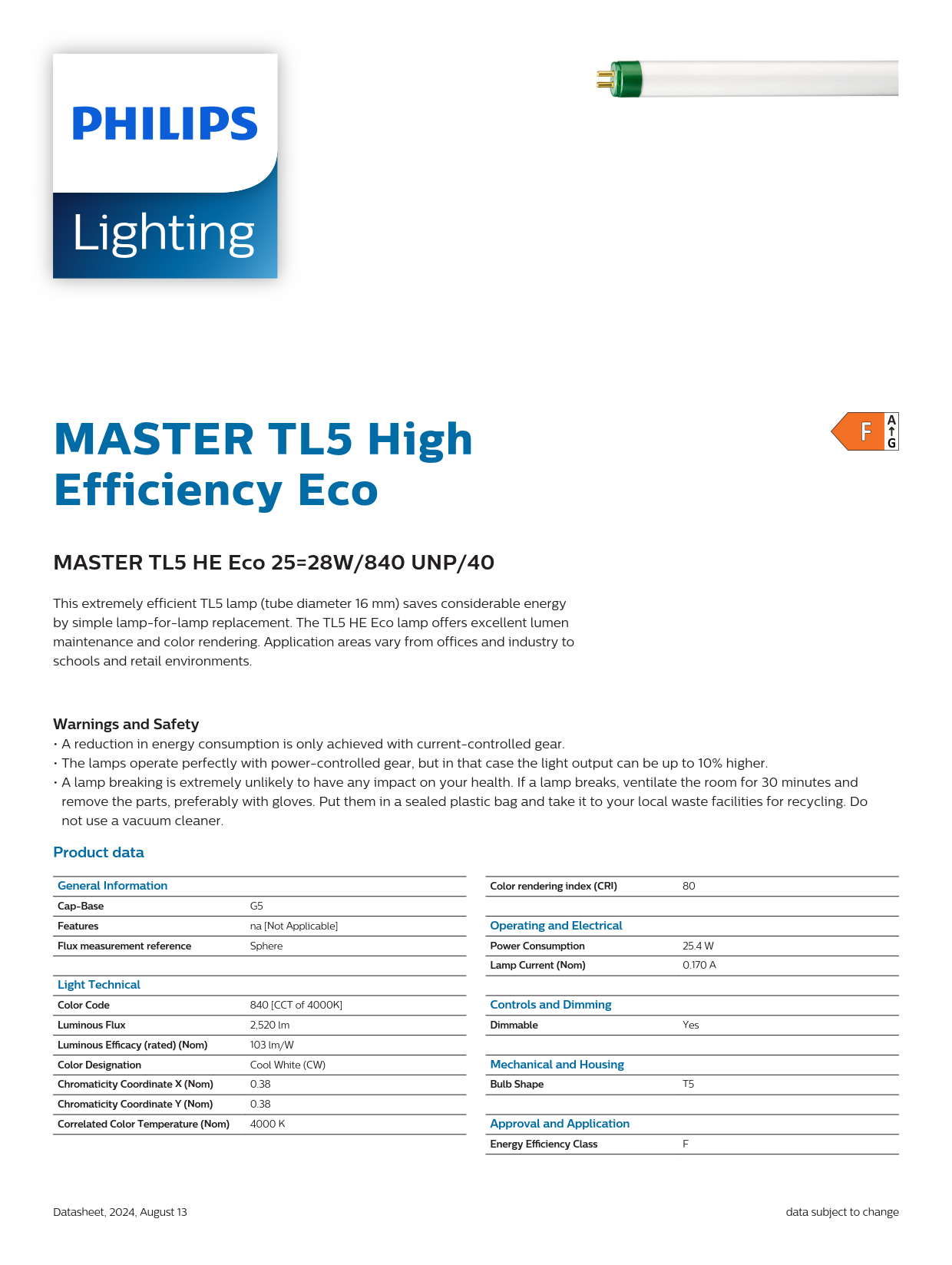 PHILIPS Fluorescent Tube MASTER TL5 HE Eco 25=28W/840 UNP/40 927990984031