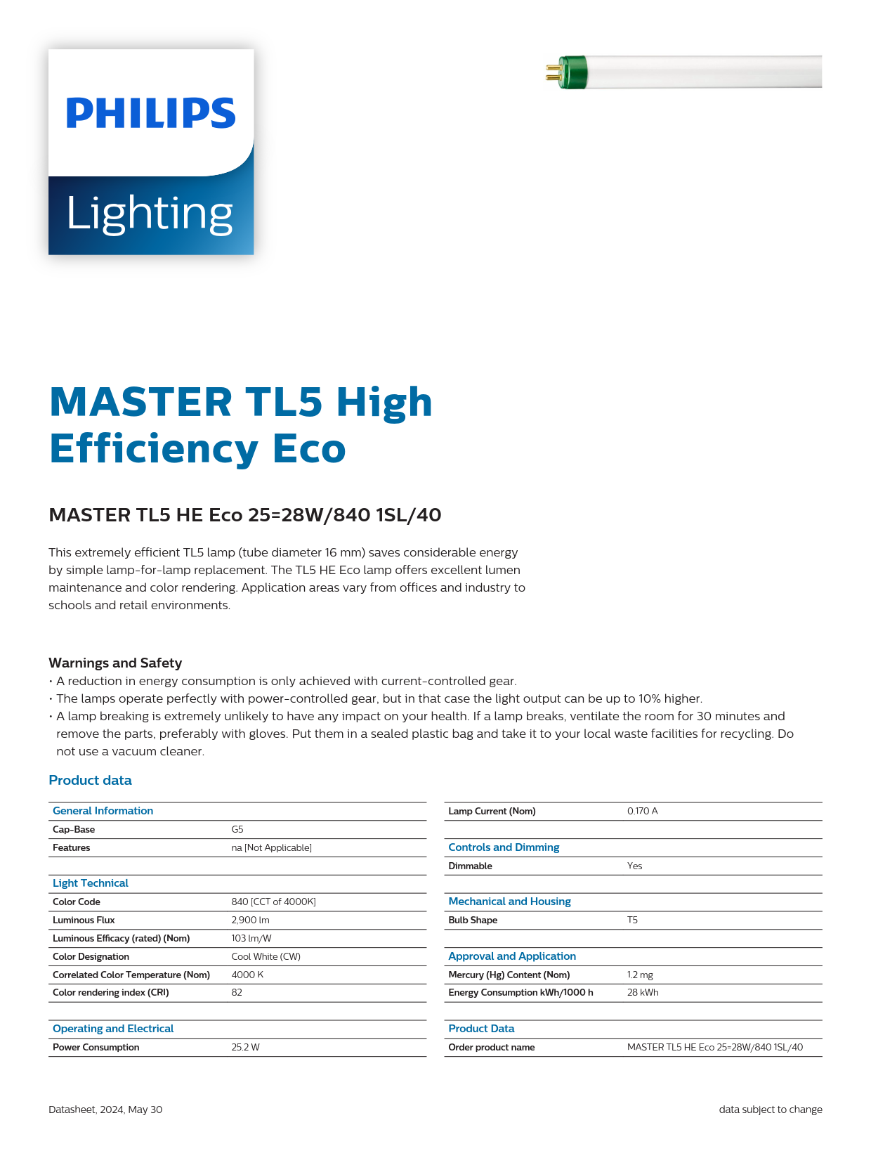 PHILIPS Fluorescent Tube MASTER TL5 HE Eco 25=28W/840 1SL/40 927990984033