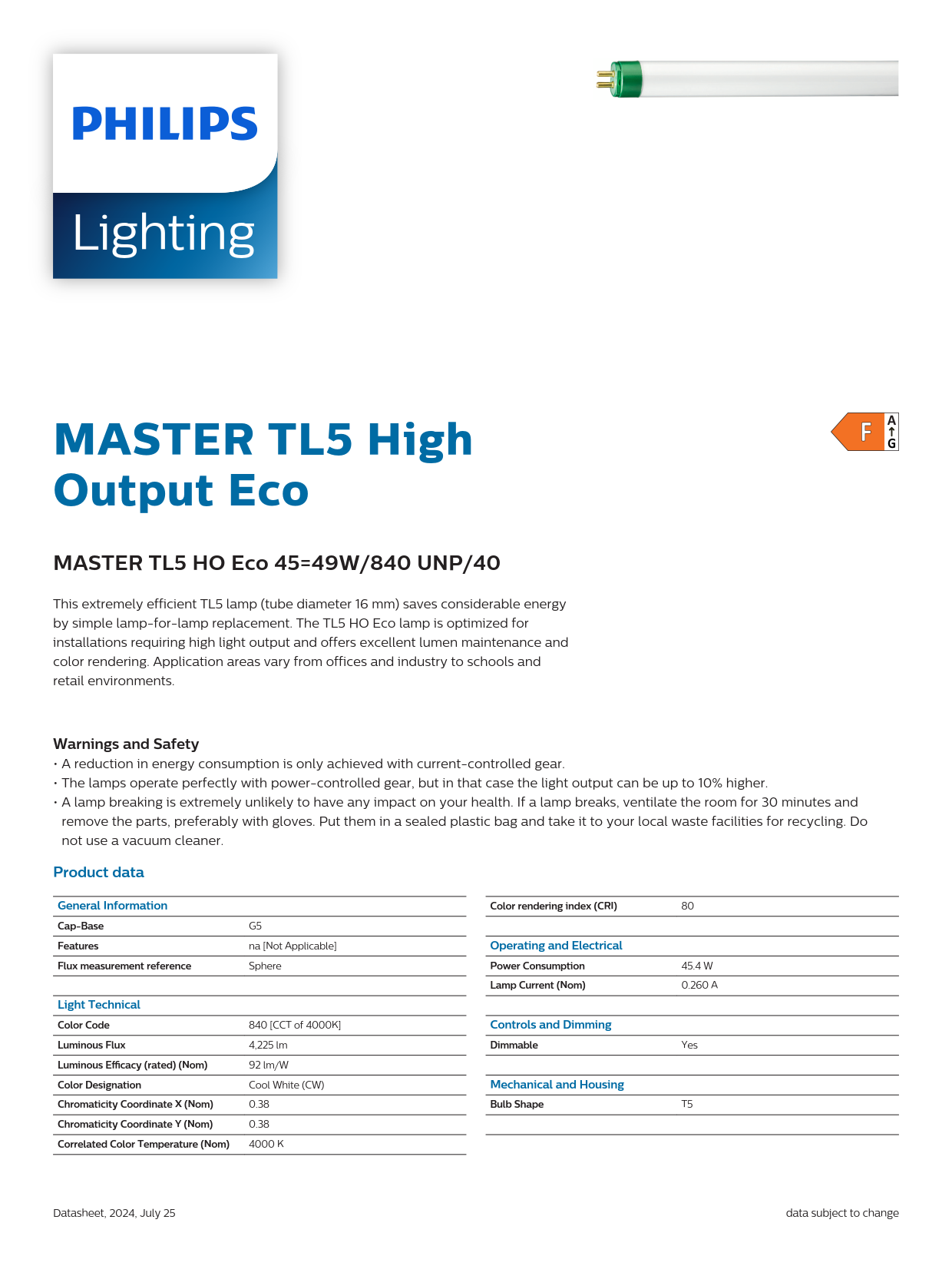 PHILIPS Fluorescent Tube MASTER TL5 HO Eco 45=49W/840 UNP/40 927991784031