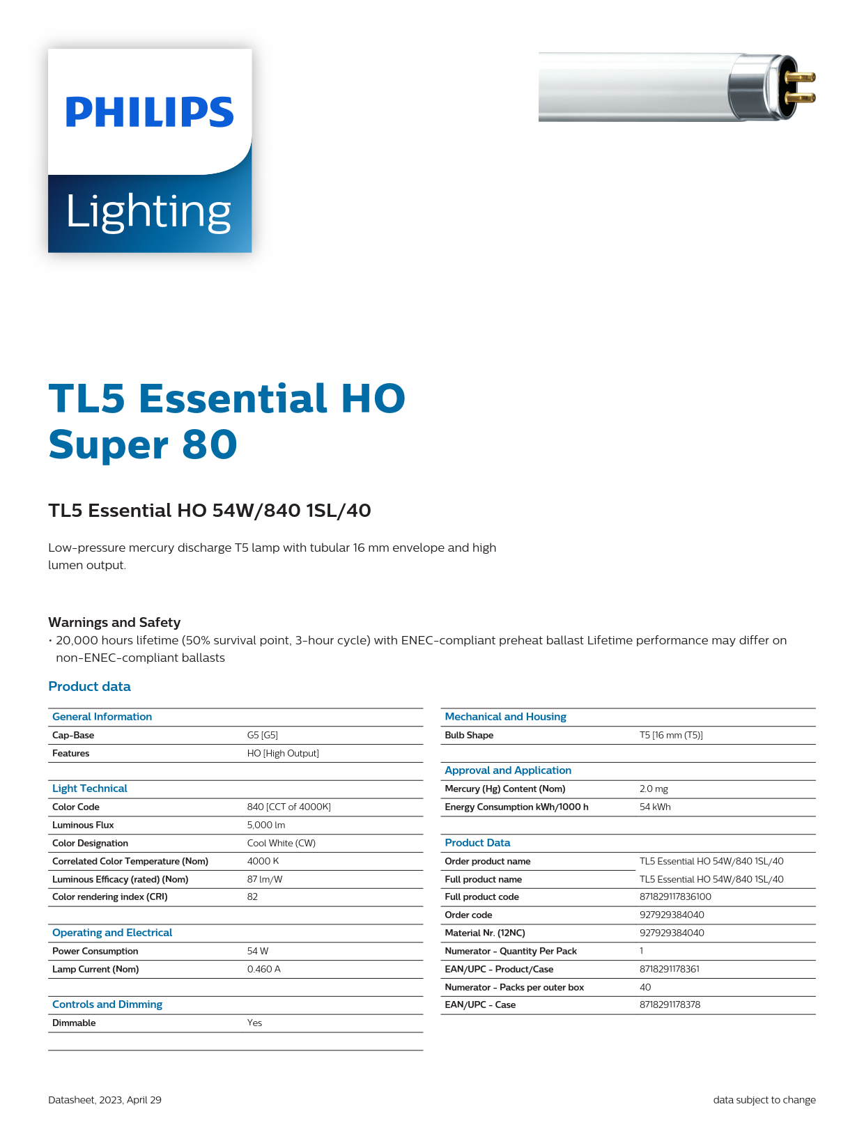 PHILIPS Fluorescent Tube TL5 Essential HO 54W/840 1SL/40 927929384040