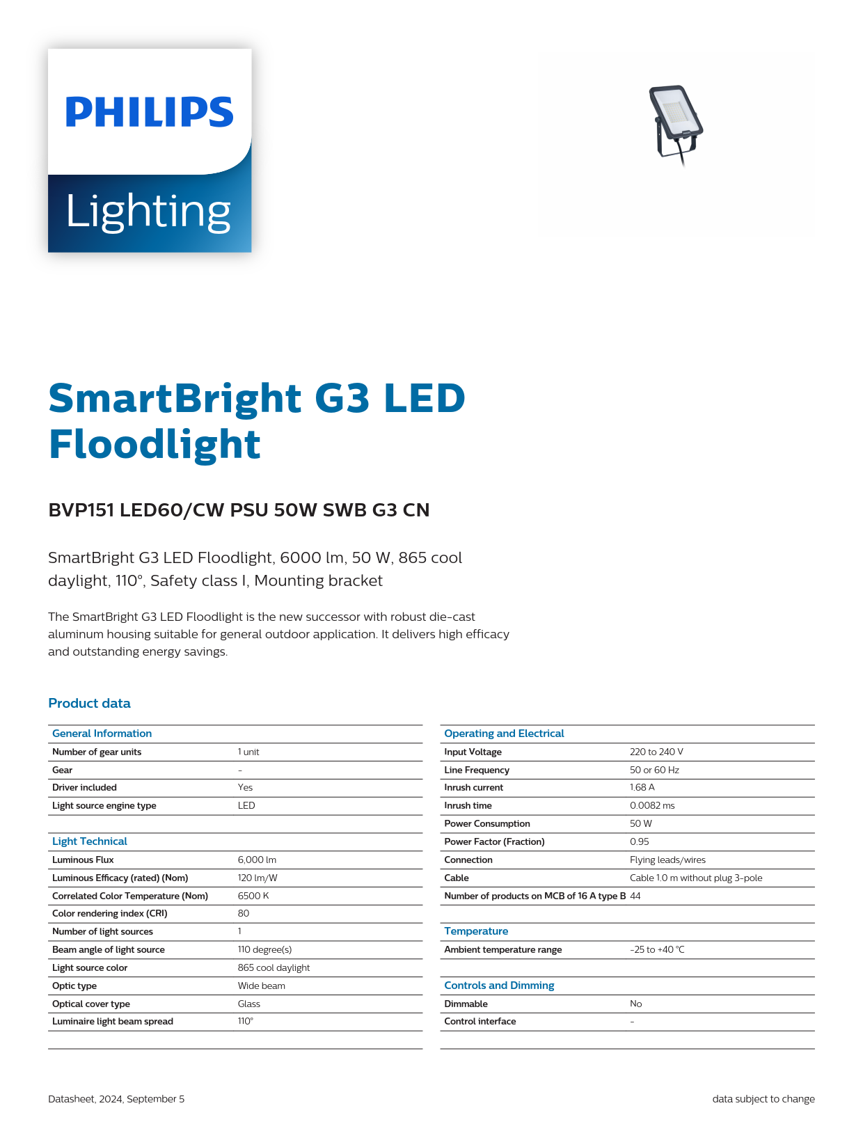 PHILIPS LED Flood Light BVP151 LED60/CW PSU 50W SWB G3 CN 911401864186