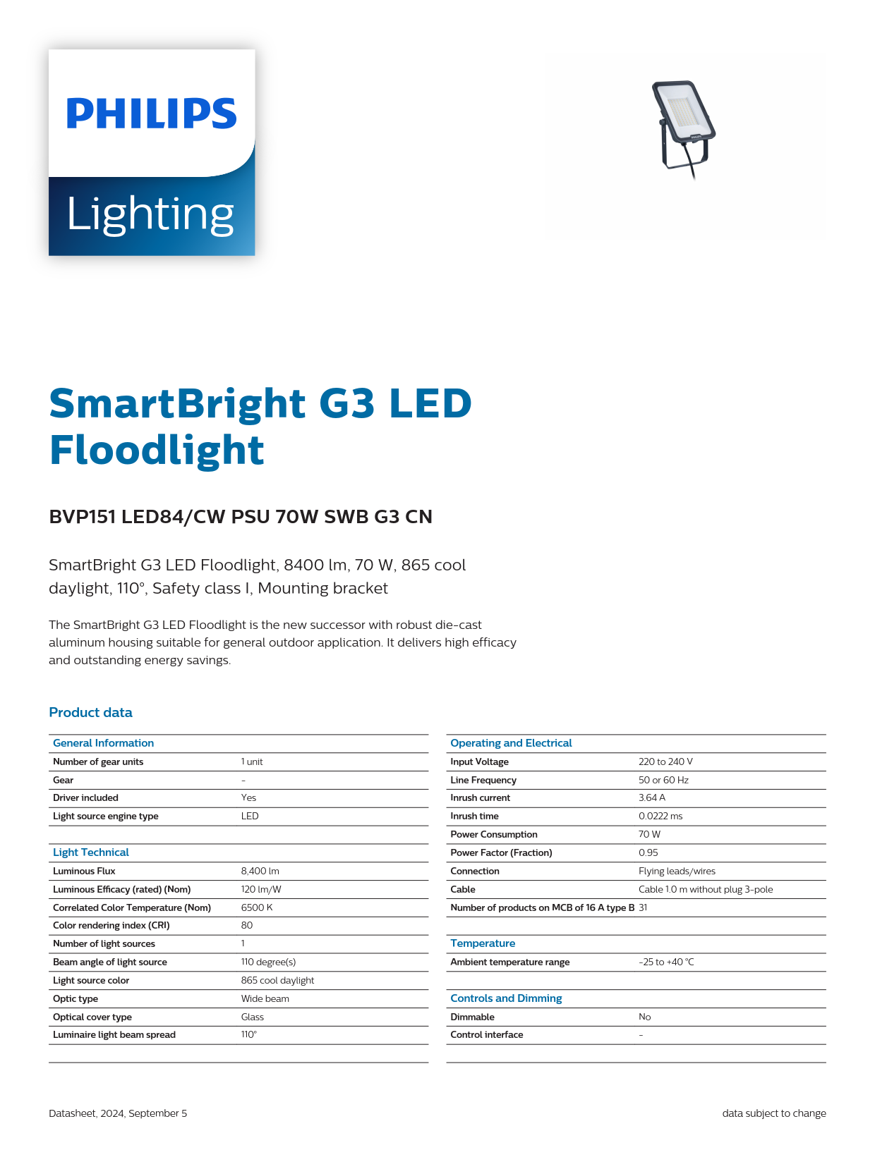 PHILIPS LED Flood Light BVP151 LED84/CW PSU 70W SWB G3 CN 911401865186